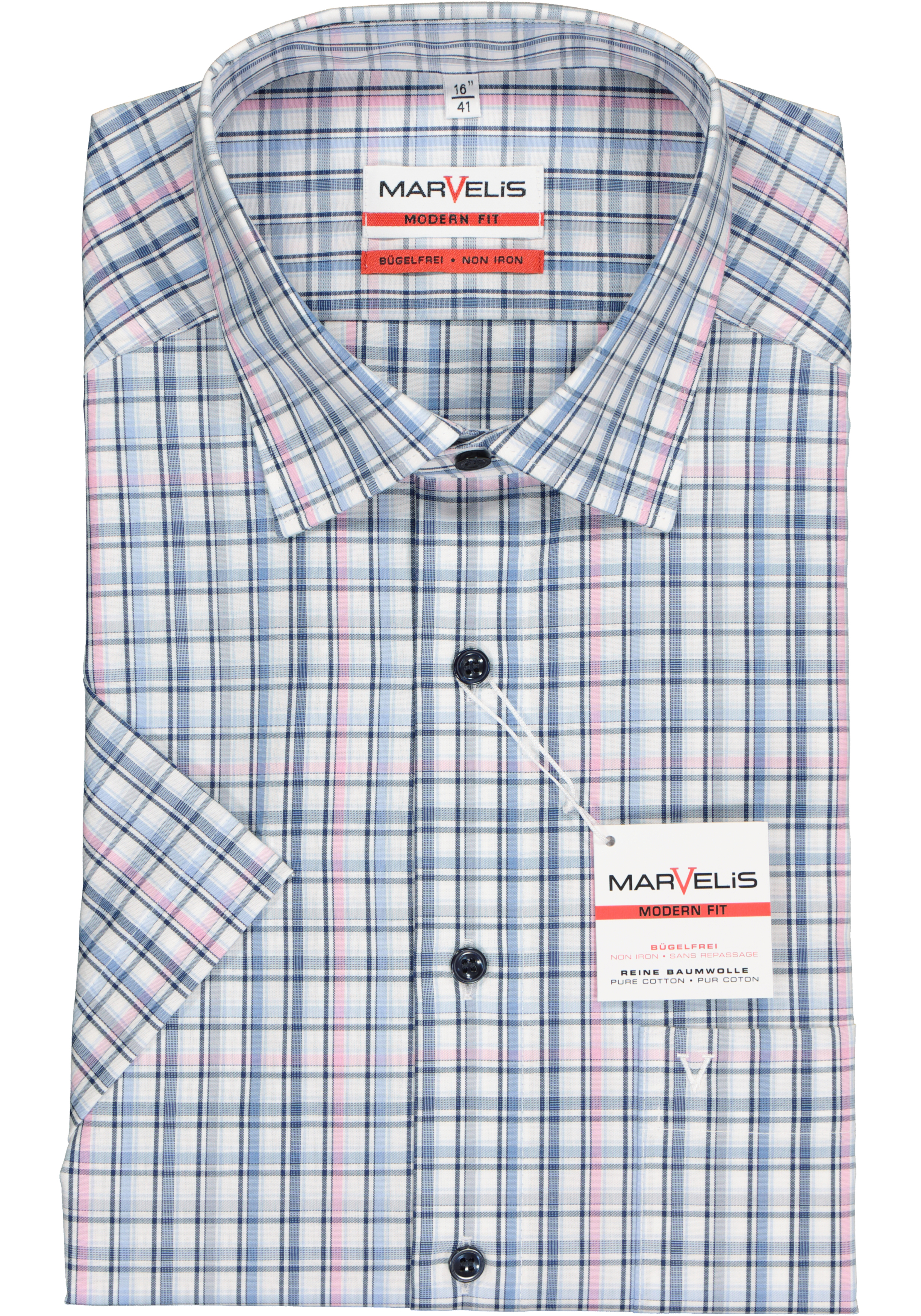 MARVELIS modern fit overhemd, korte mouw, popeline, wit met blauw en roze geruit