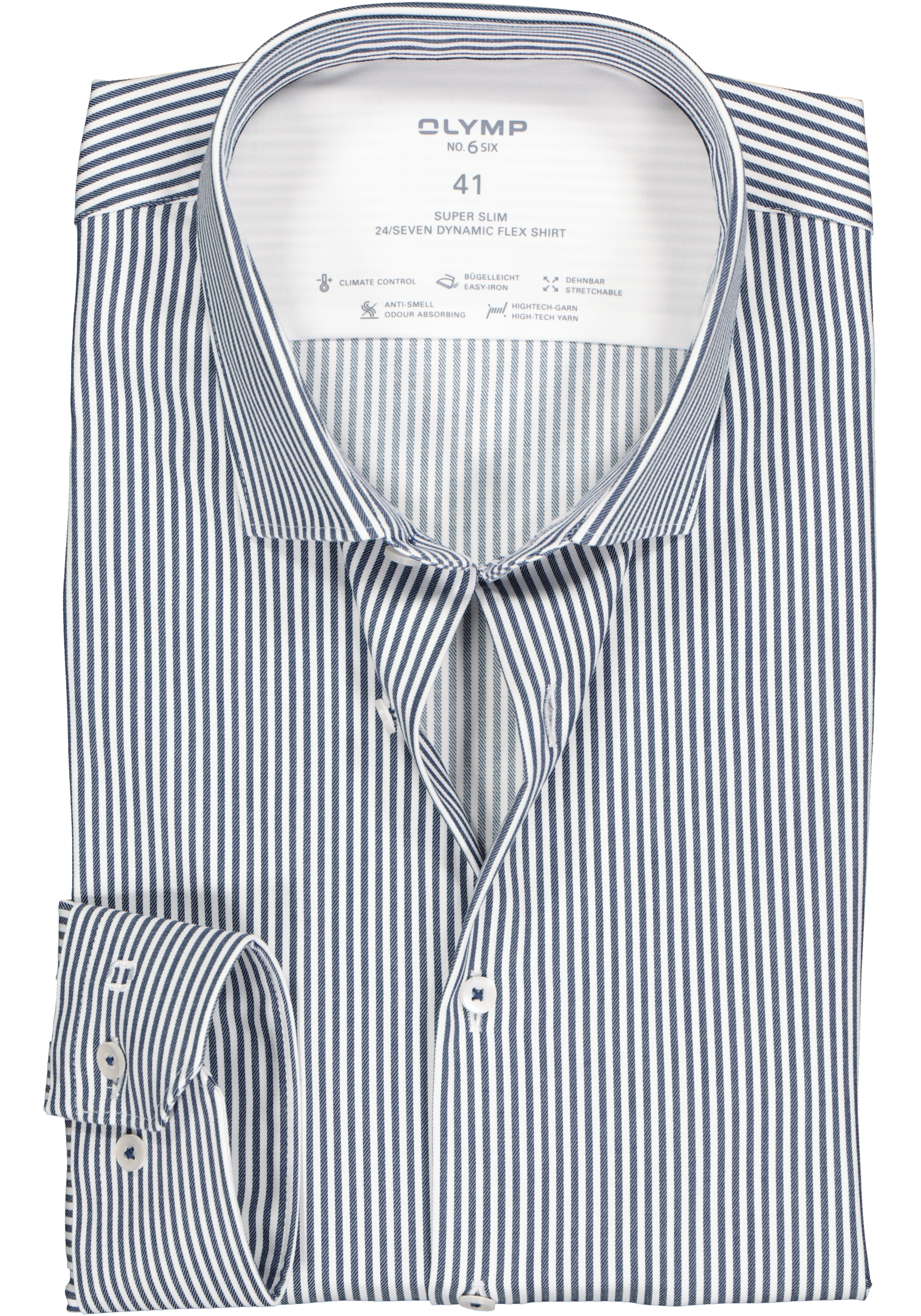 OLYMP No. 6 super slim fit overhemd 24/7, marine blauw met wit gestreept tricot