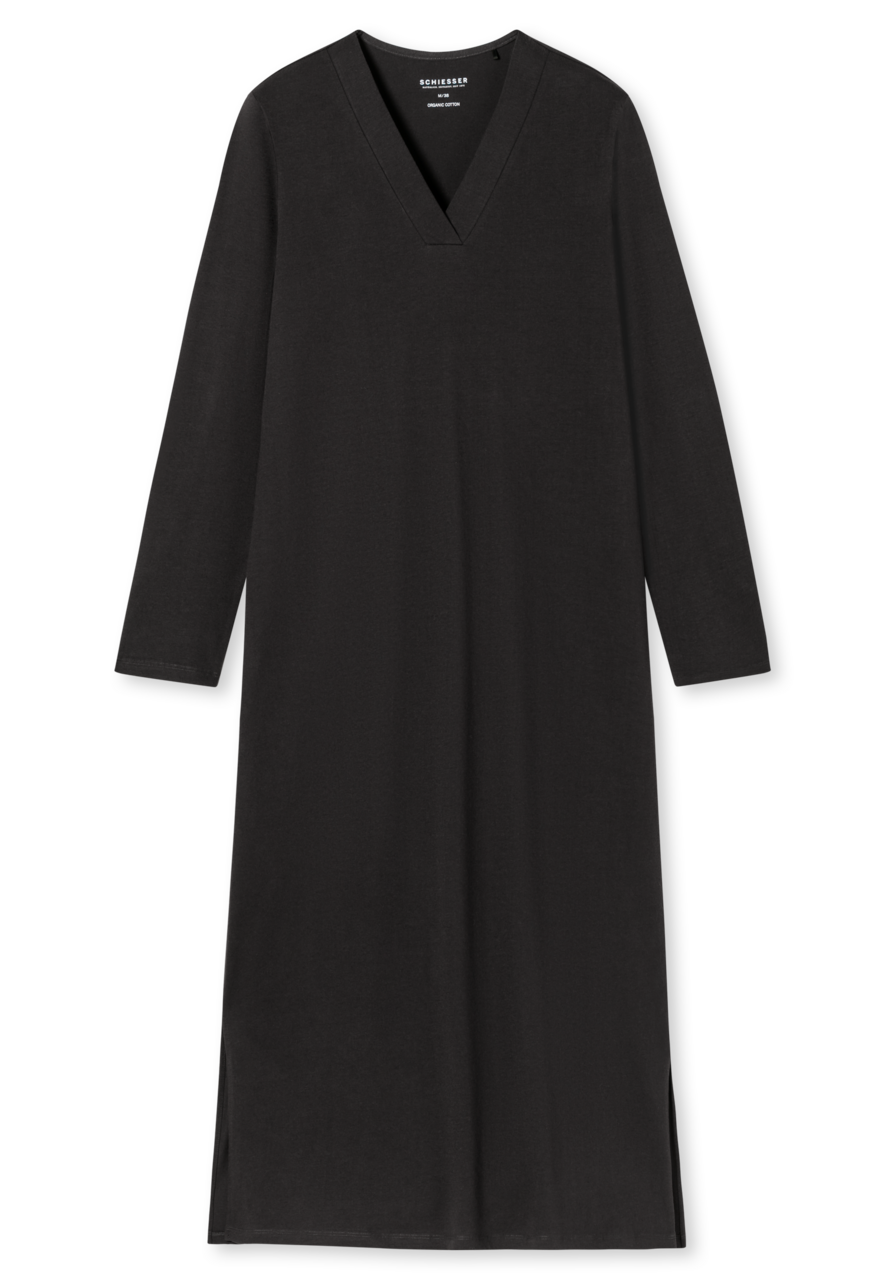 SCHIESSER Comfort Nightwear nachthemd, dames nachthemd lange mouwen biologisch katoen V-hals antraciet