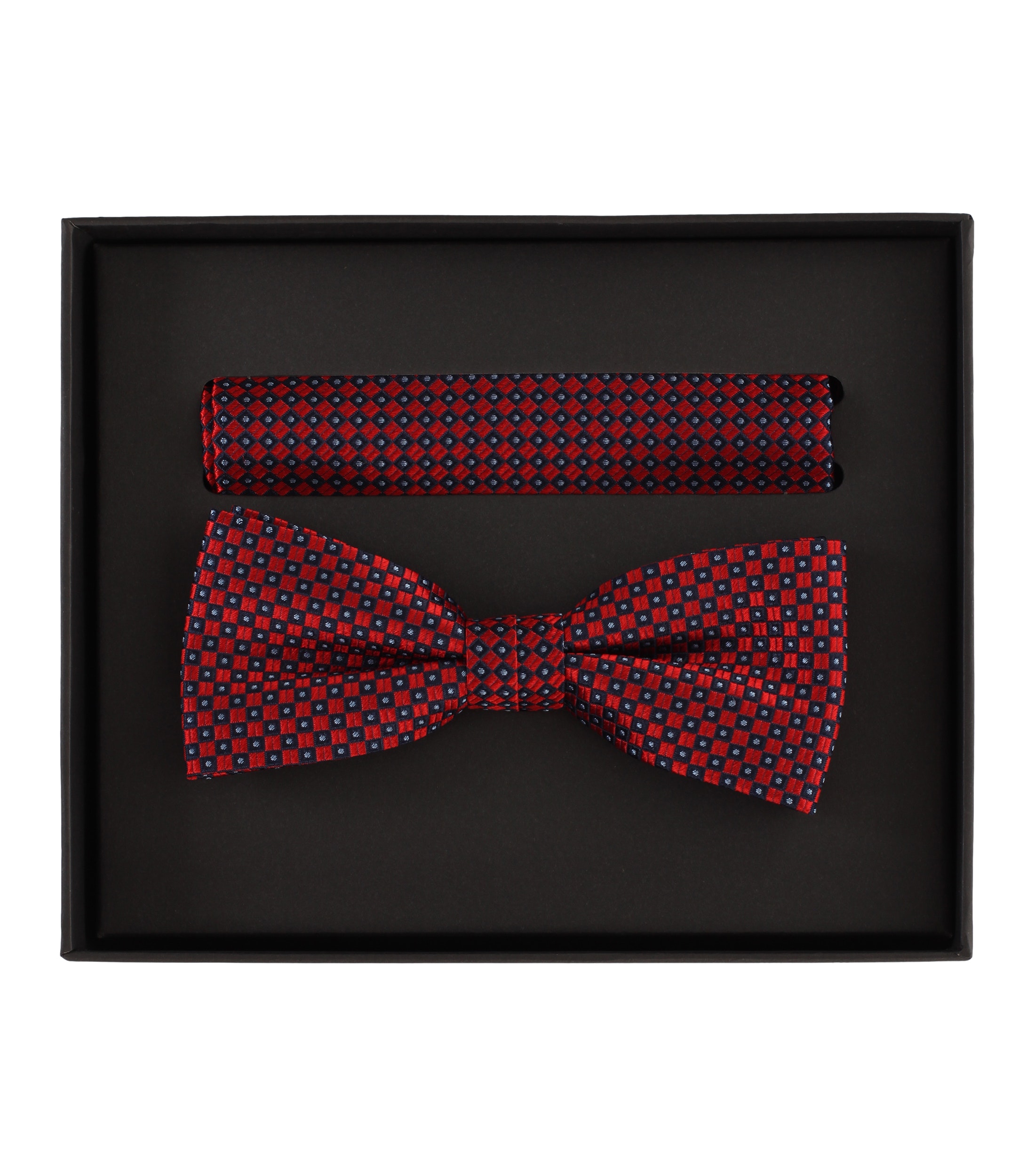 VENTI set met vlinderdas en pochet, rood, donkerblauw, lichtblauw dessin