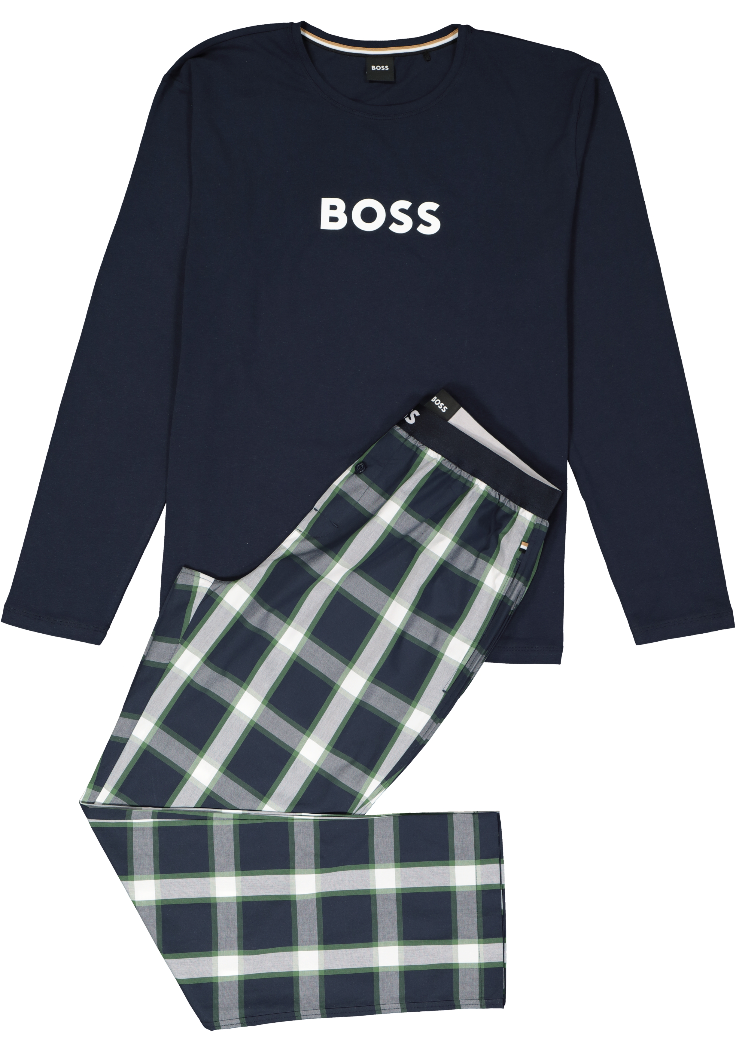 BOSS Long Set, heren lounge set, blauw met groen-blauw geruite broek