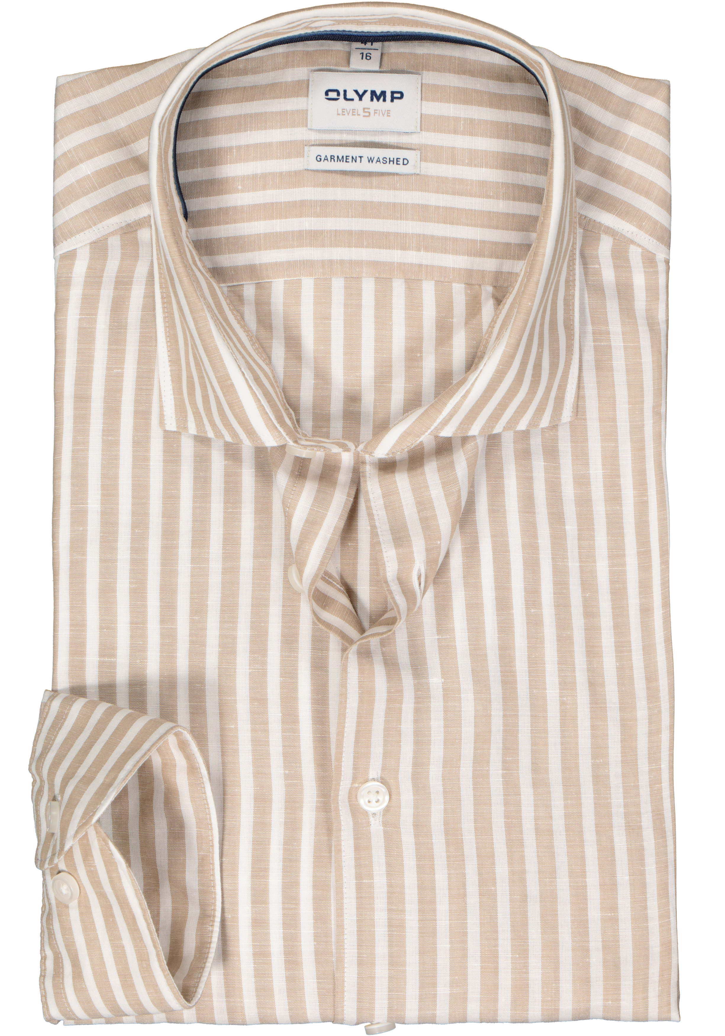 OLYMP Level 5 body fit overhemd, structuur, beige met wit gestreept