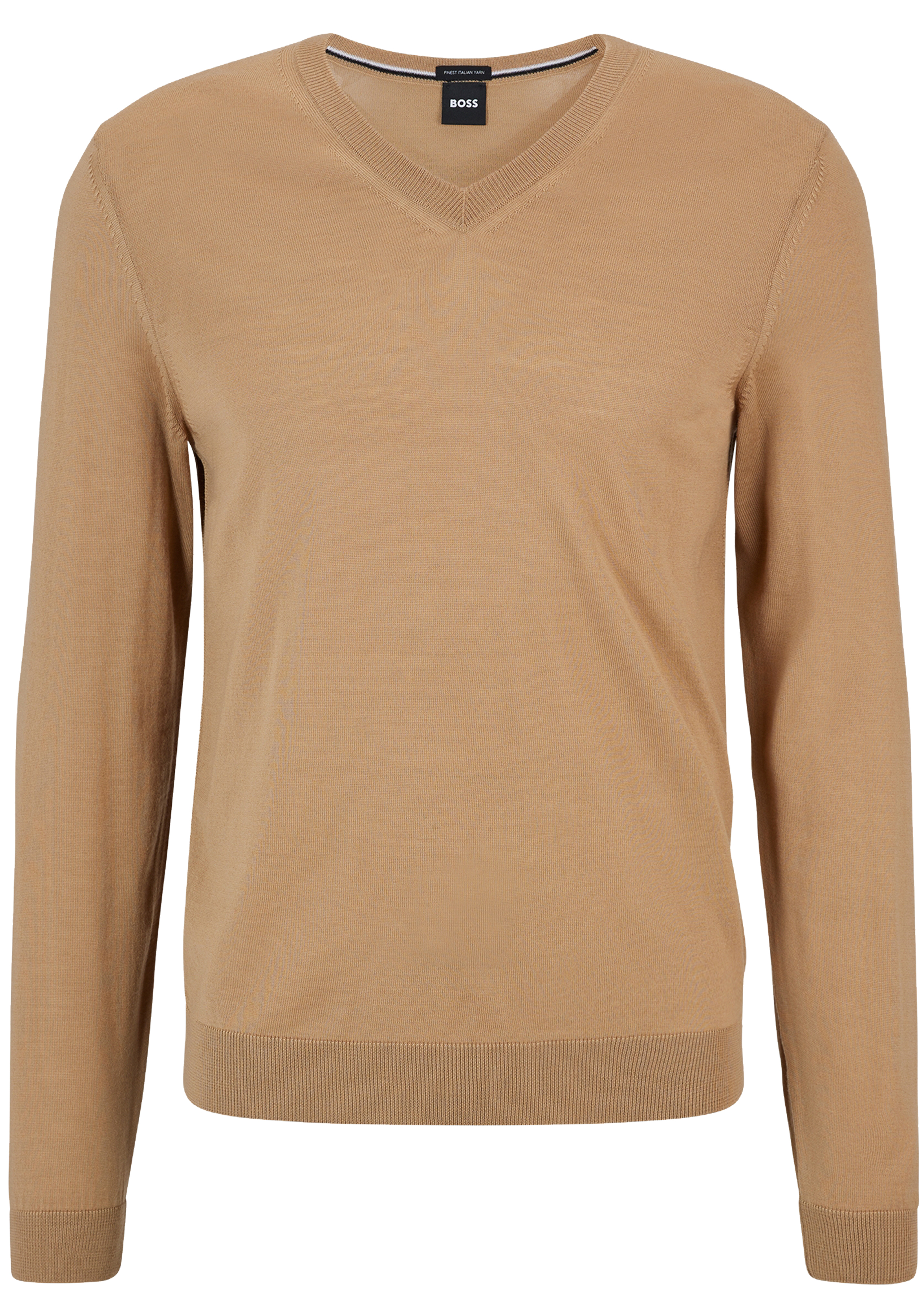 BOSS Melba slim fit trui wol, heren pullover met V-hals, midden beige