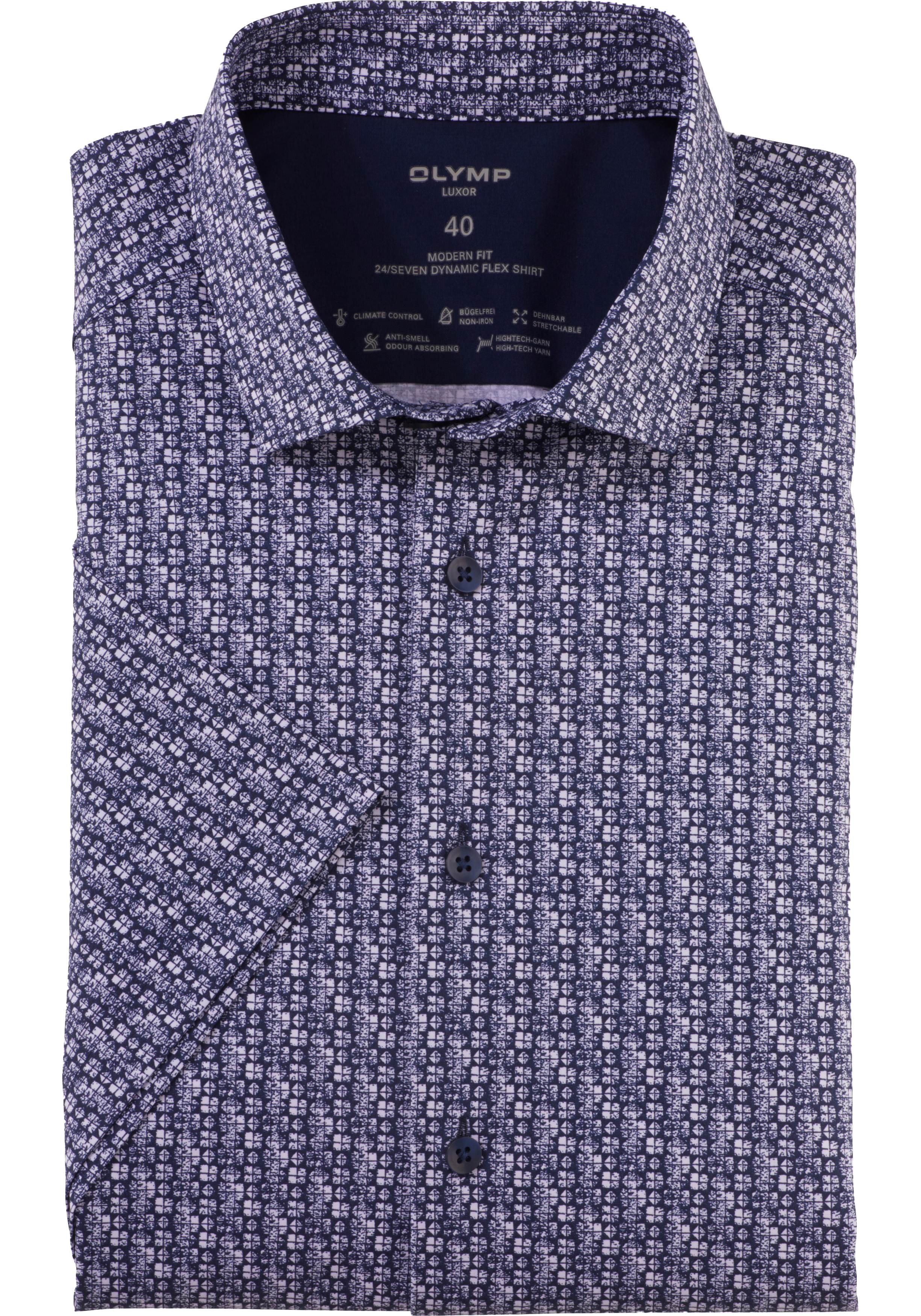 OLYMP Luxor 24/7 modern fit overhemd, korte mouw, popeline, marineblauw dessin