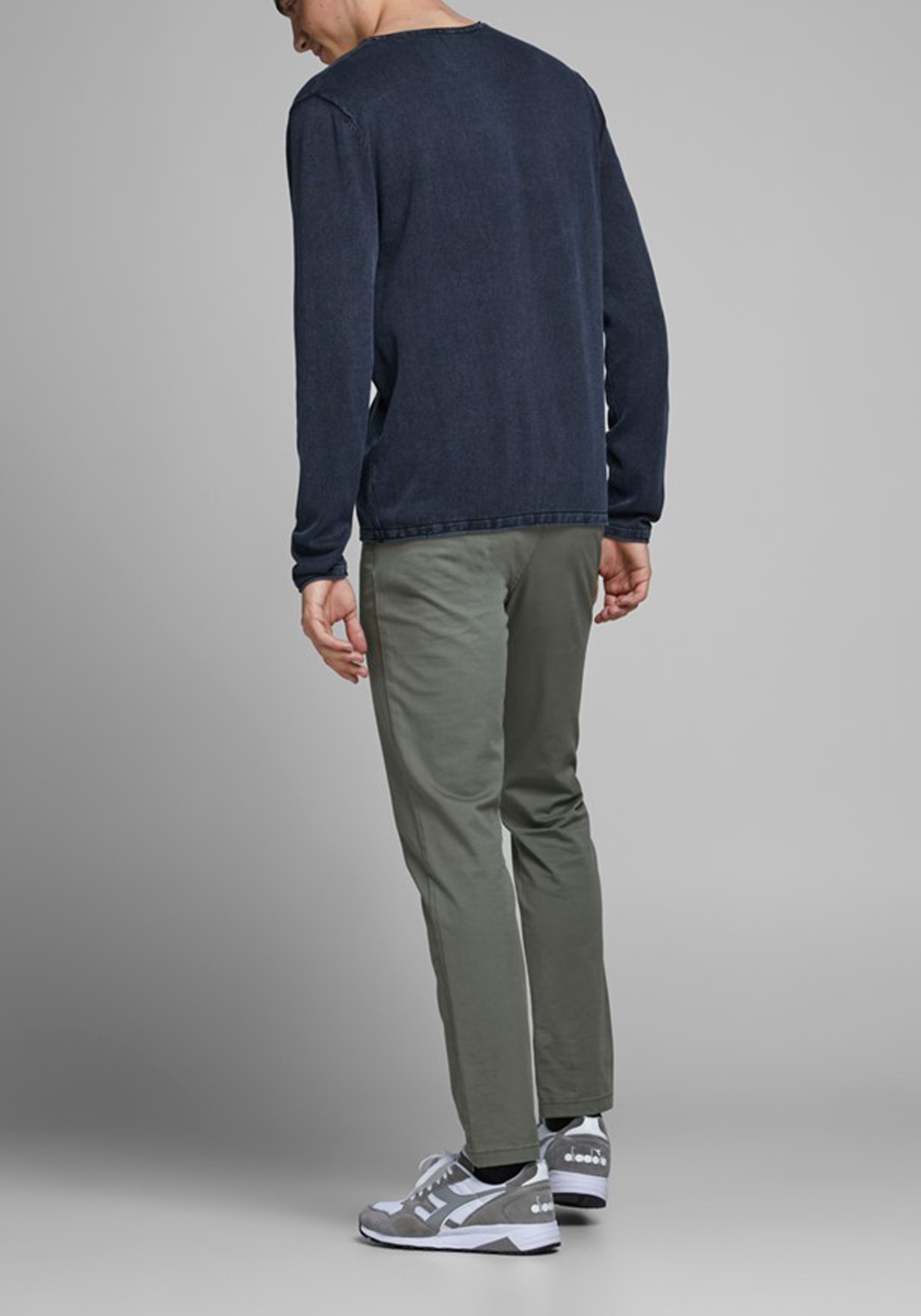 JACK & JONES slim fit trui katoen, O-hals, verwassen donkerblauw