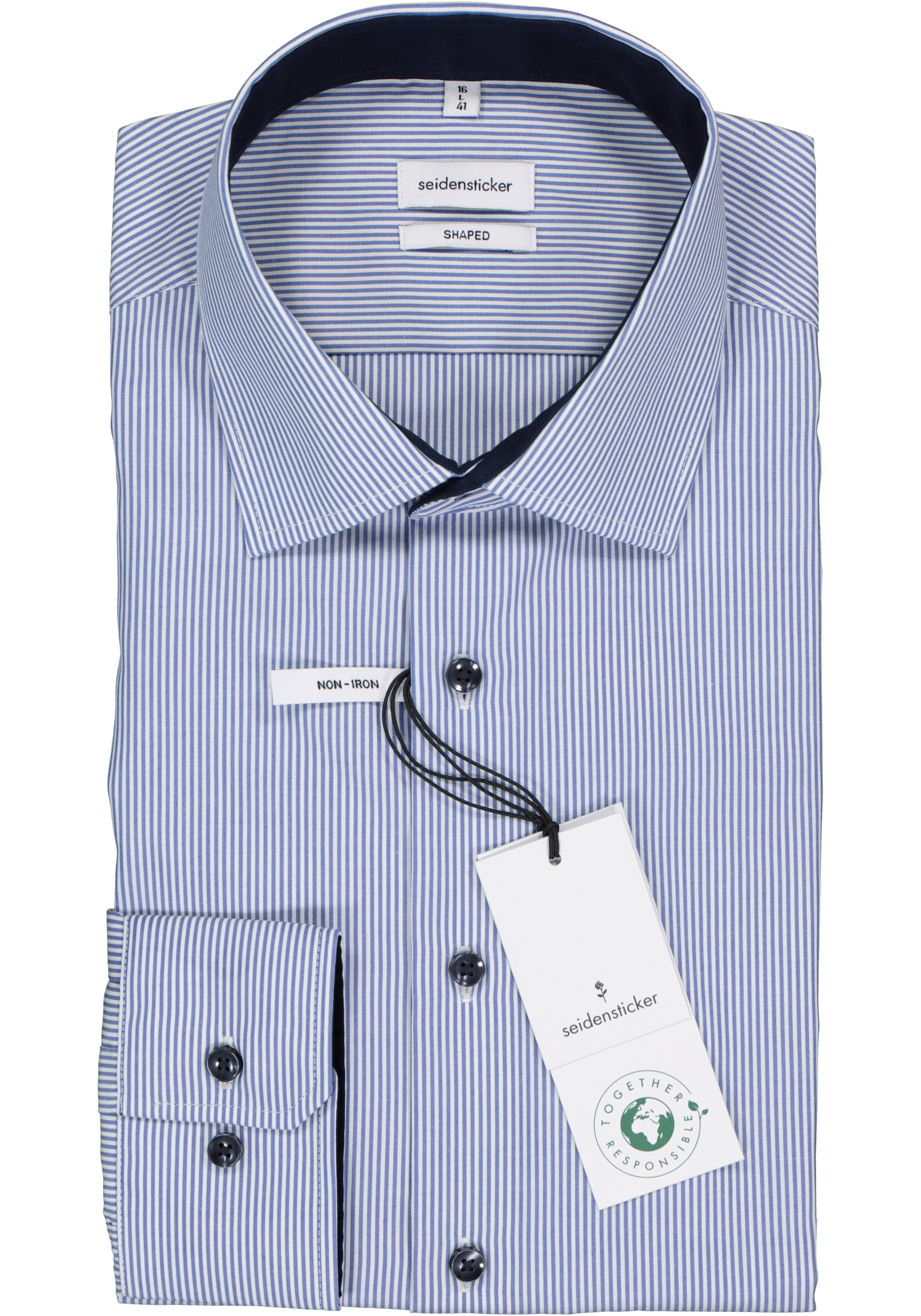 Seidensticker shaped fit overhemd, blauw met wit gestreept (contrast)