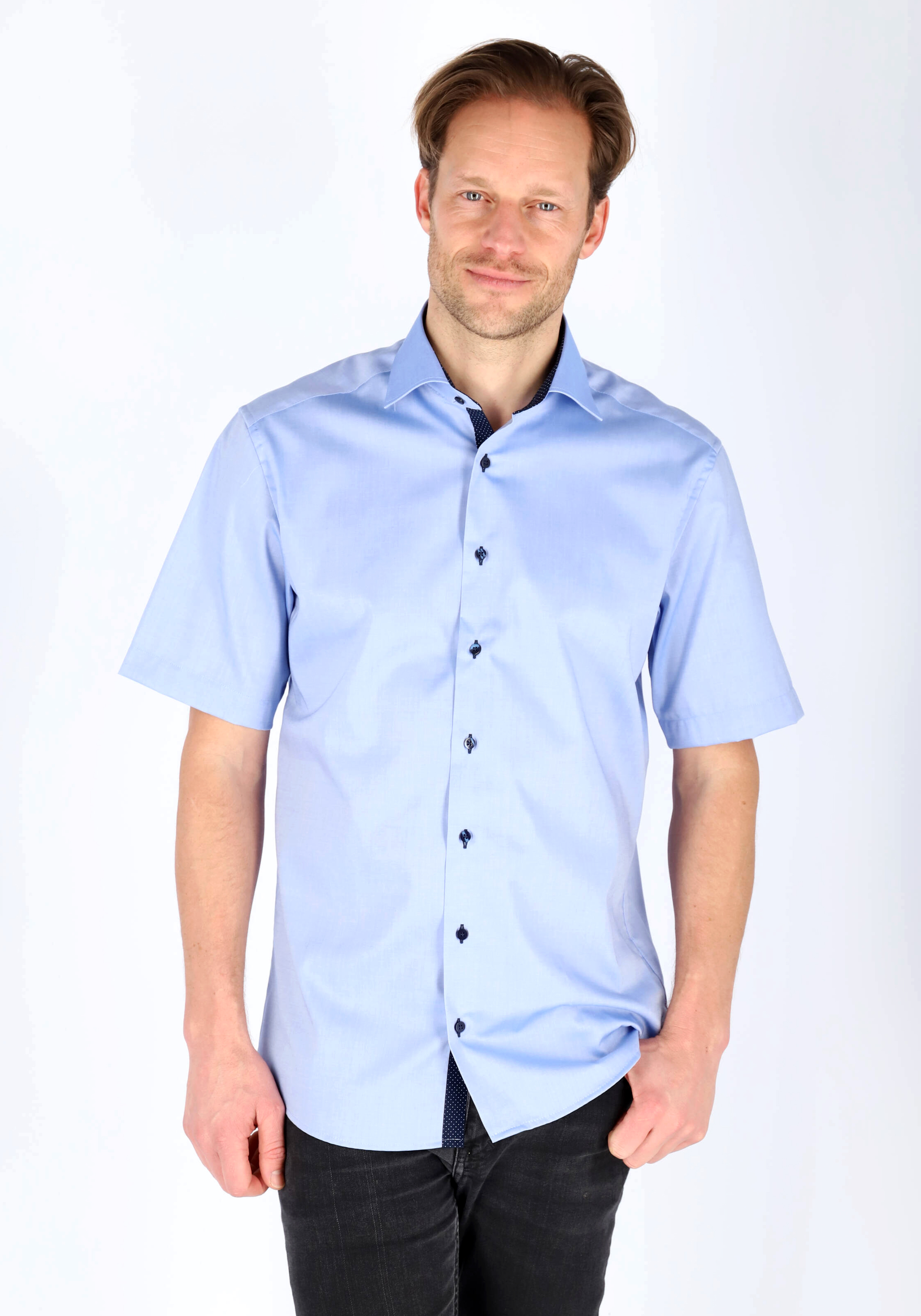 ETERNA modern fit overhemd, korte mouw, heren overhemd fijn Oxford, blauw (gestipt contrast)