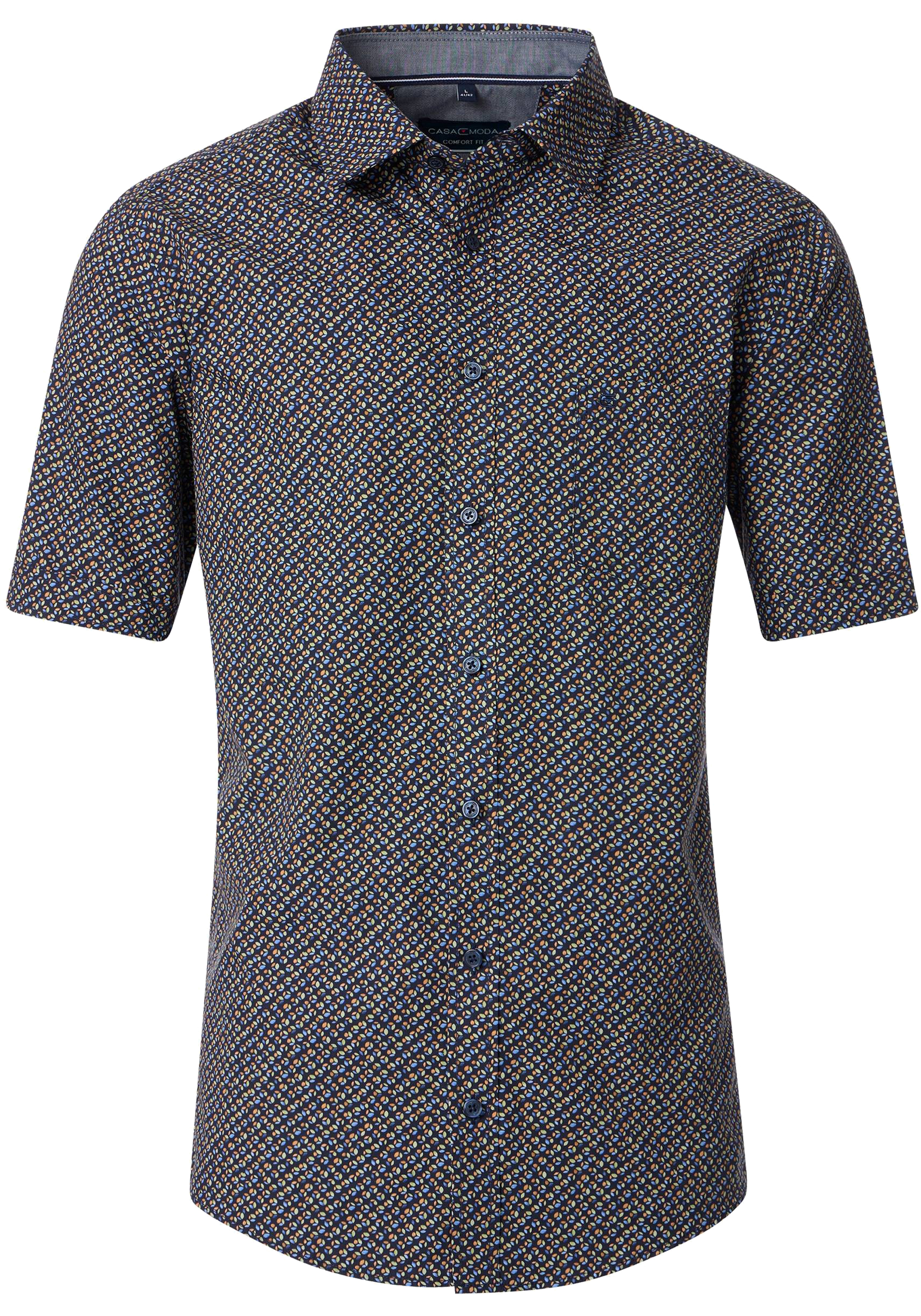 CASA MODA Sport comfort fit overhemd, korte mouw, popeline, donkerblauw met oranje, groen en lichtblauw dessin