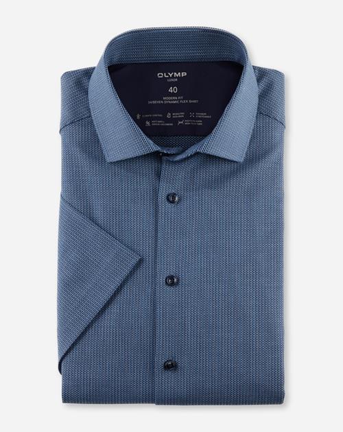 OLYMP Luxor 24/7 modern fit overhemd, korte mouw, popeline, marineblauw dessin