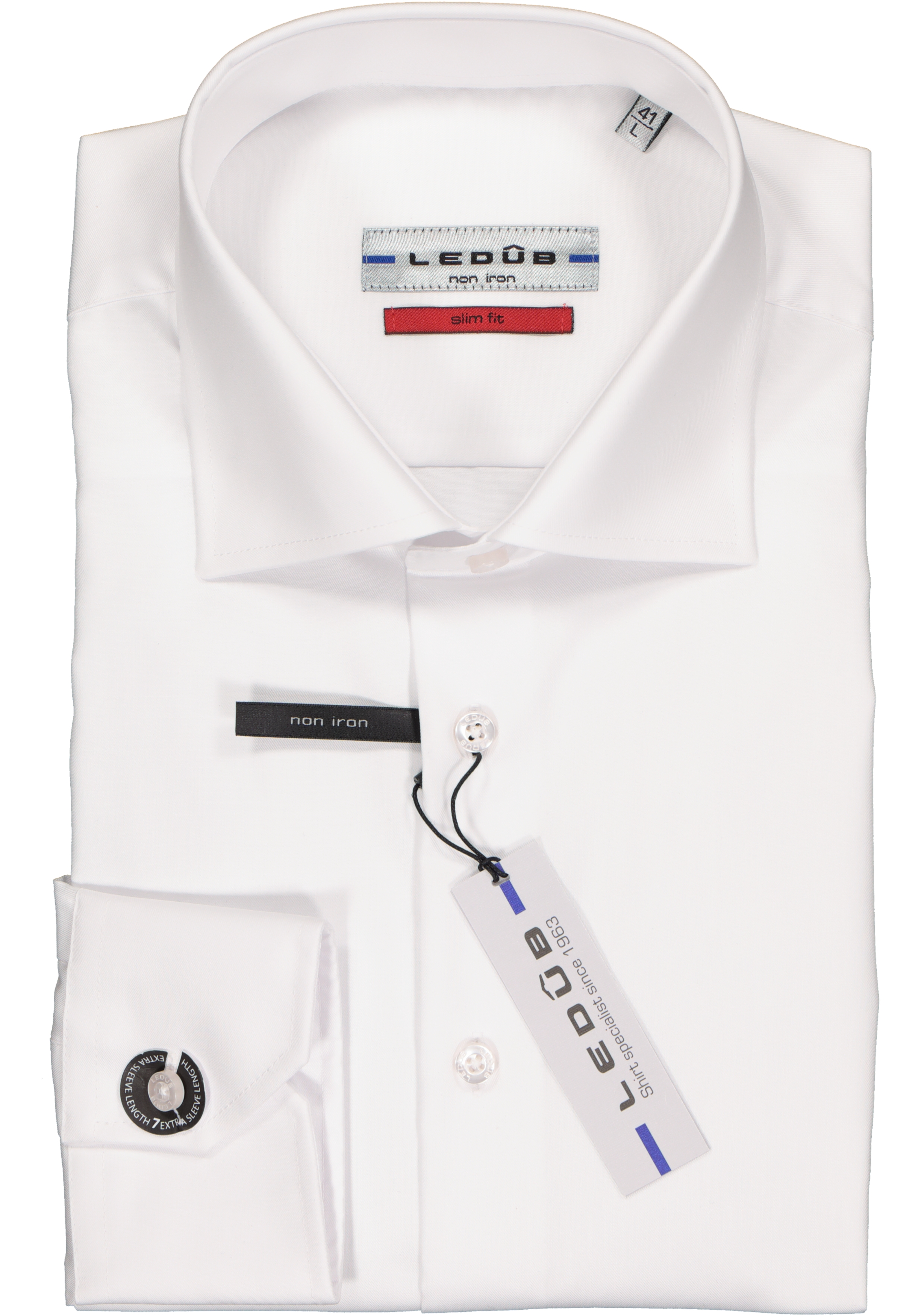 Ledub slim fit overhemd, mouwlengte 7, wit twill 