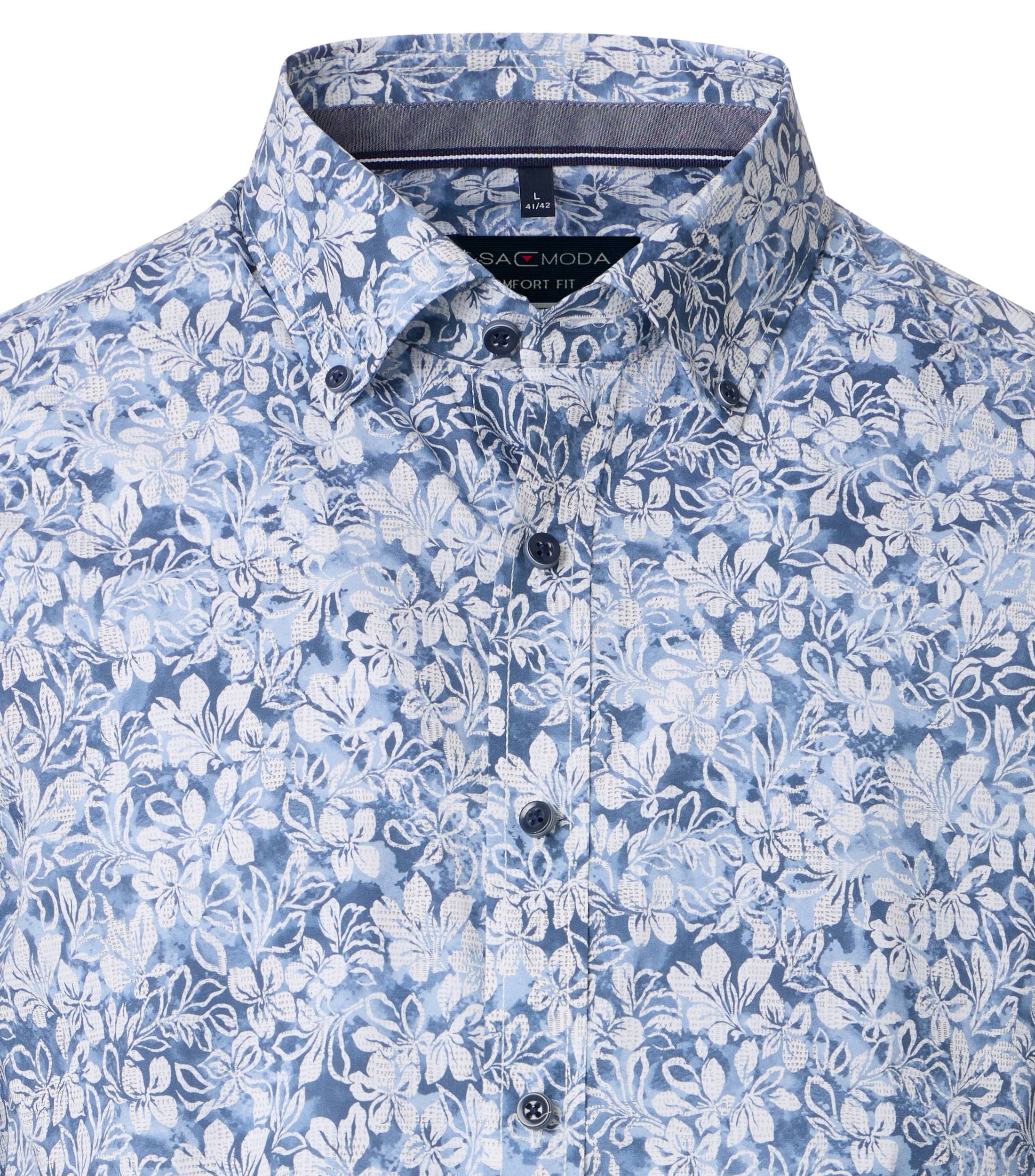 CASA MODA Sport comfort fit overhemd, korte mouw, popeline, blauw met wit bloemen dessin