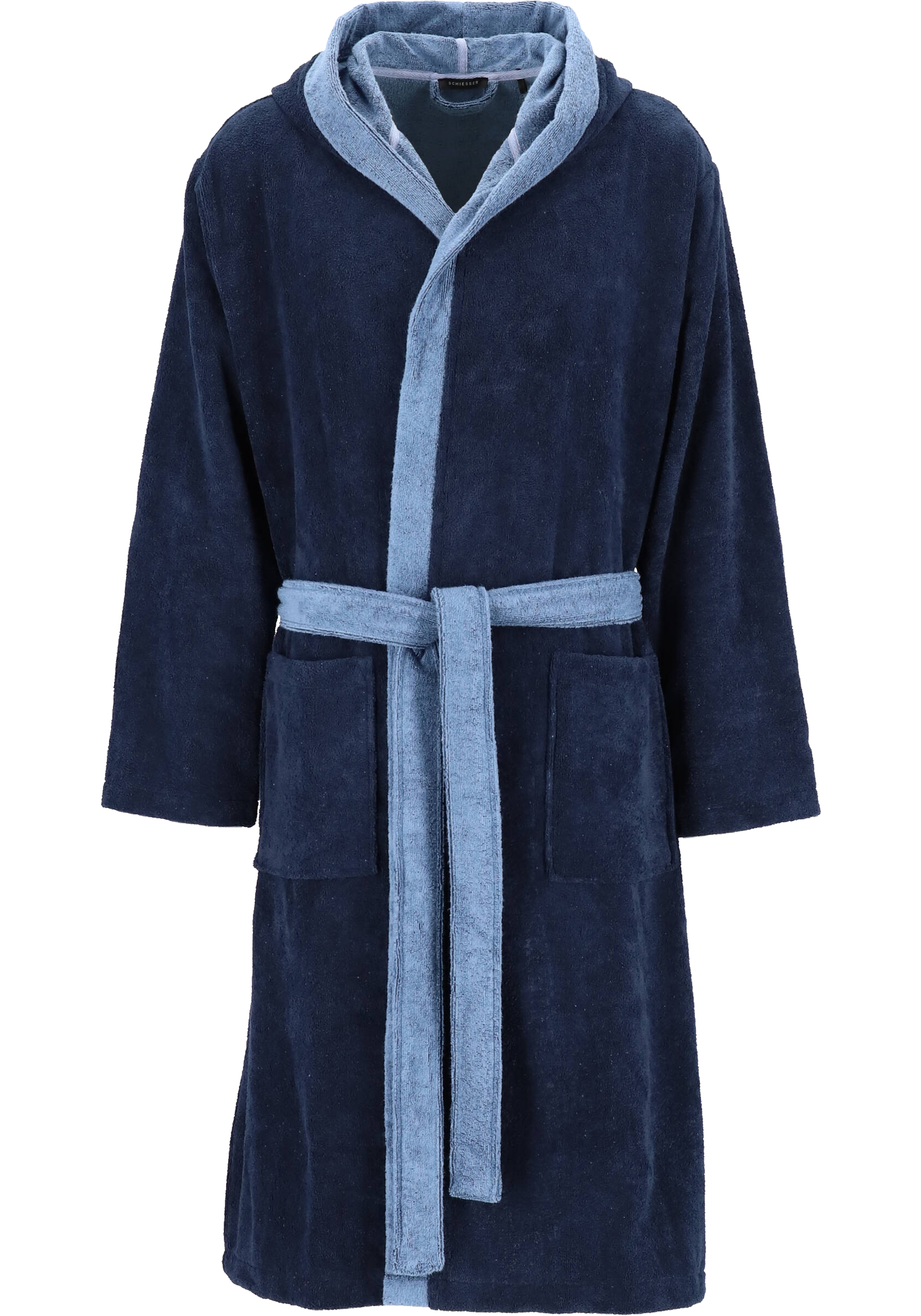 SCHIESSER heren badjas, ultralicht velours met capuchon, blauw met lichtblauw