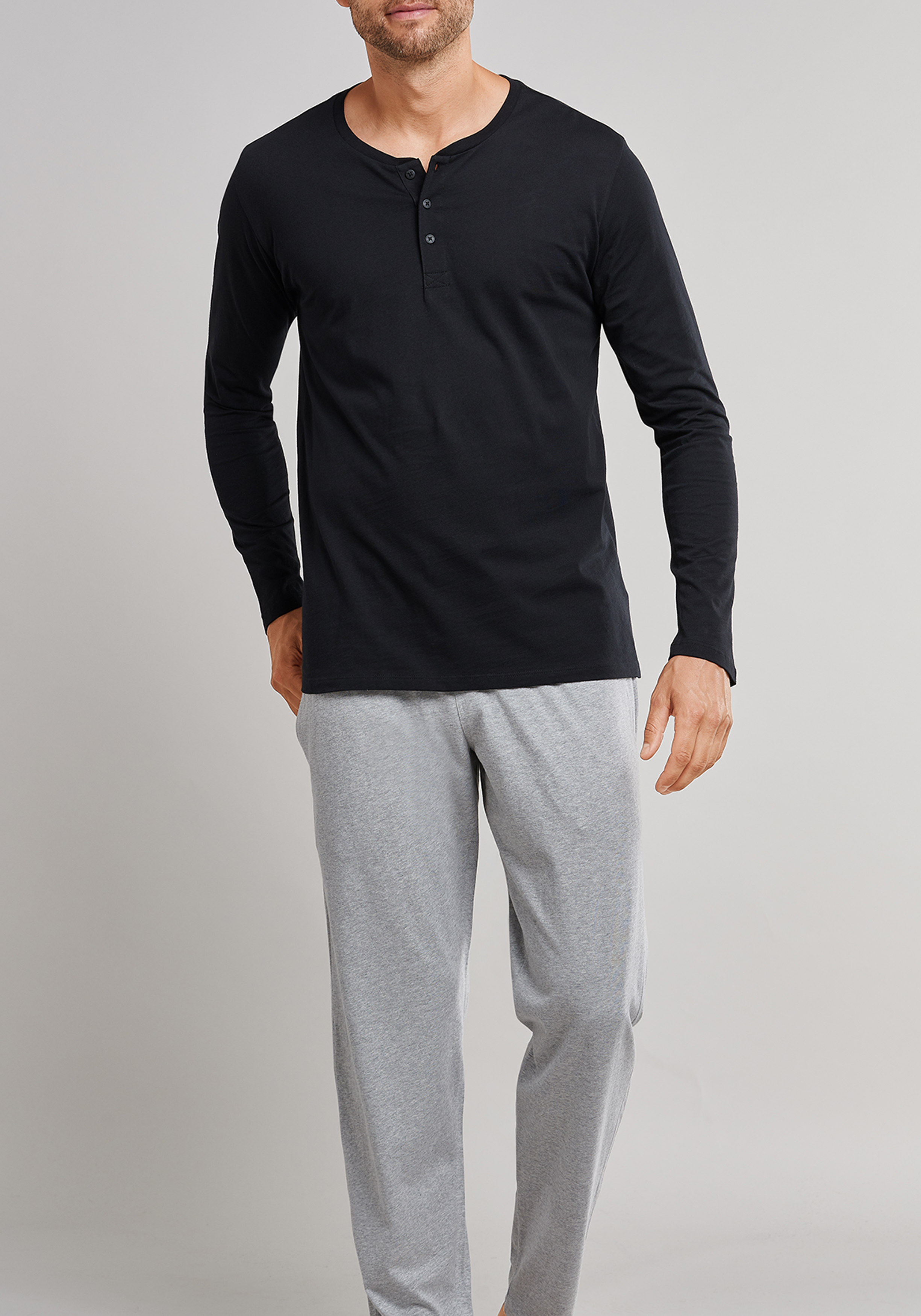 SCHIESSER Mix+Relax T-shirt, lange mouw O-hals met knoopjes, zwart