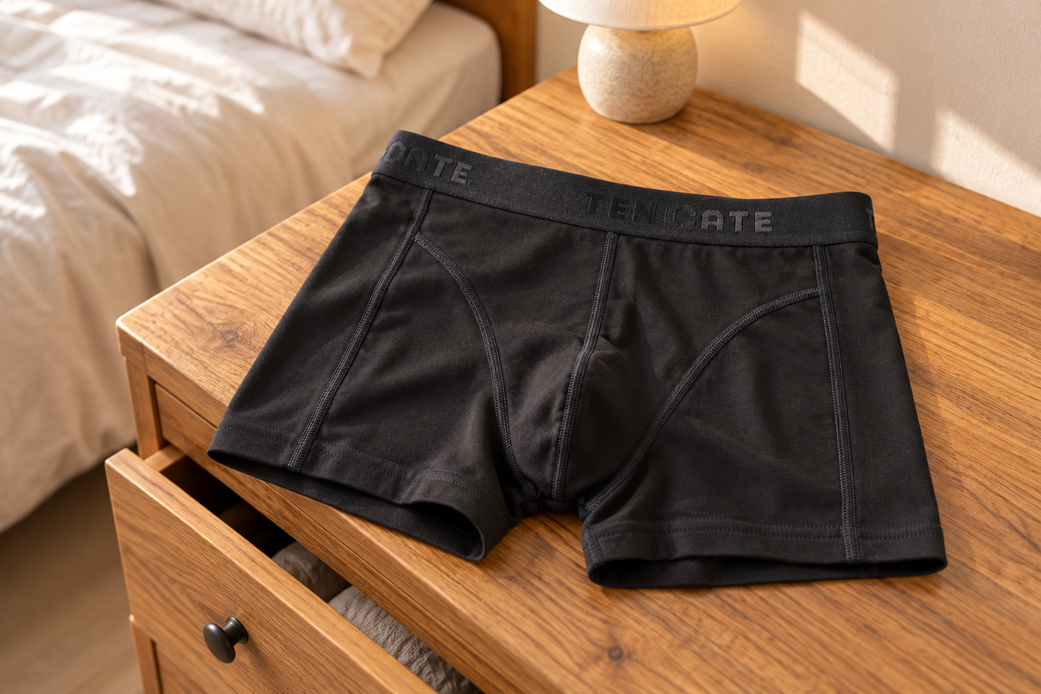 Zwarte TEN CATE-boxershort met korte pijpjes op een houten ladekast naast een bed.