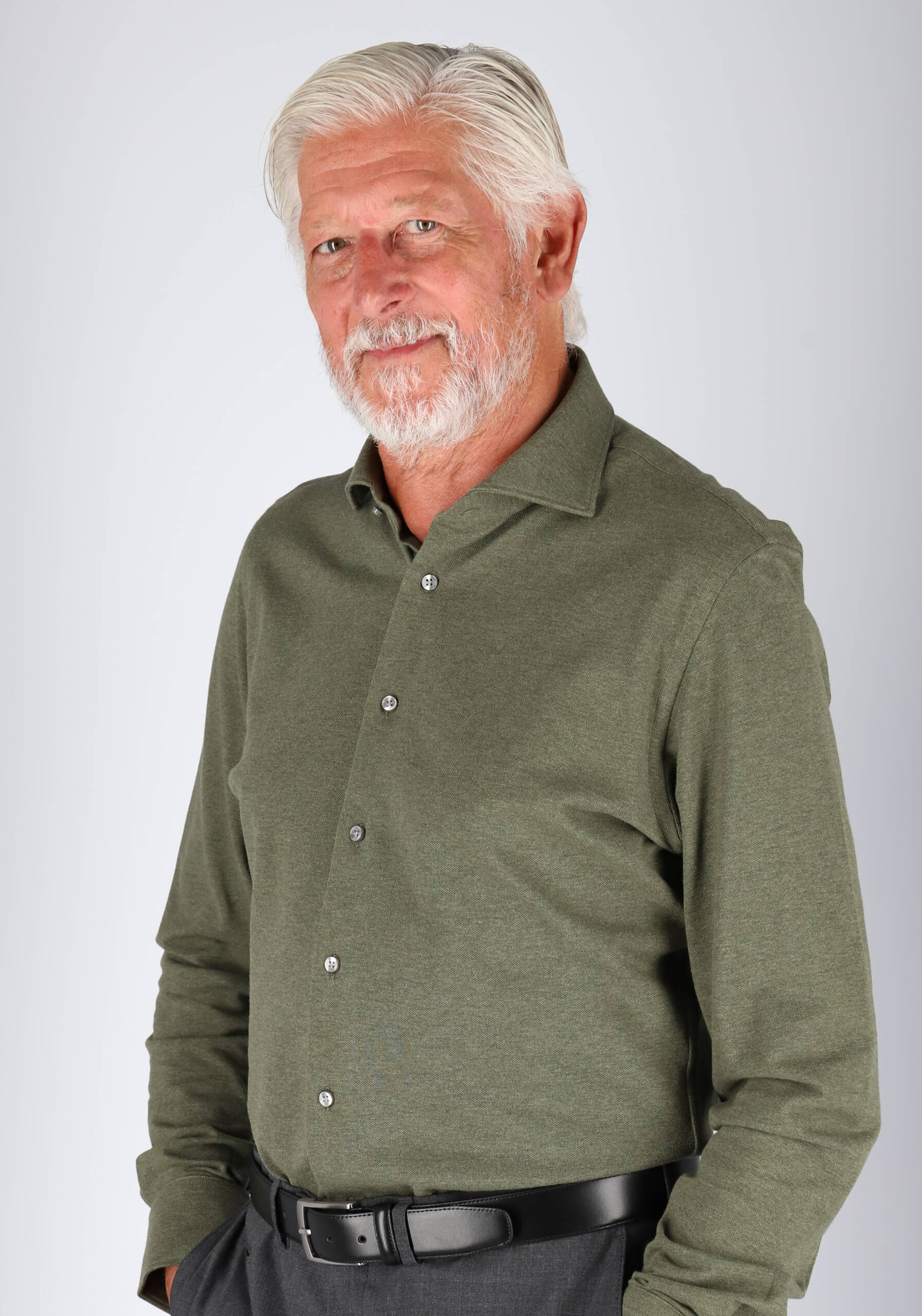 Profuomo slim fit jersey overhemd, knitted shirt pique, army groen melange