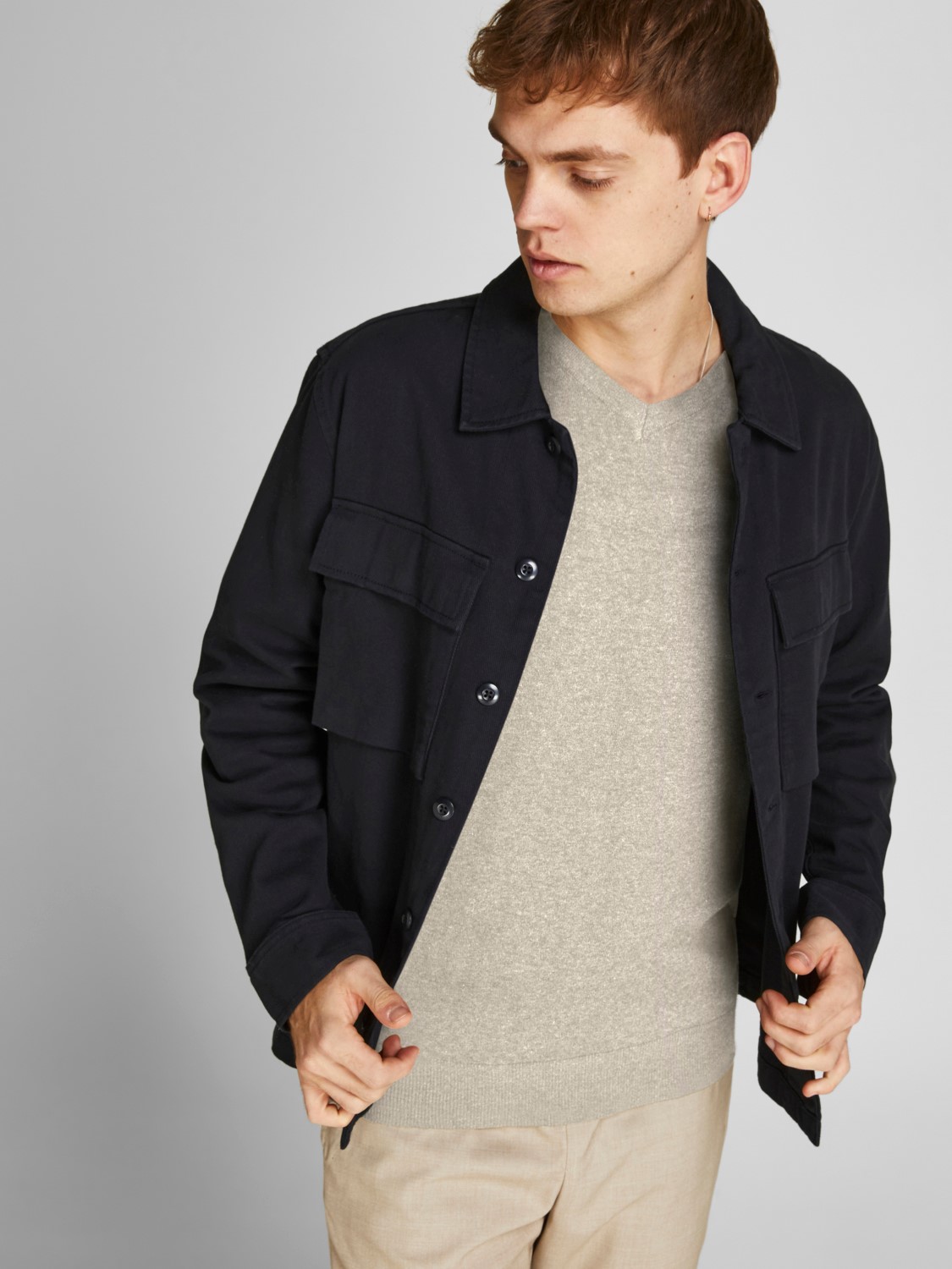 JACK & JONES Emil knit v-neck slim fit, heren pullover viscosemengsel met V-hals, beige melange
