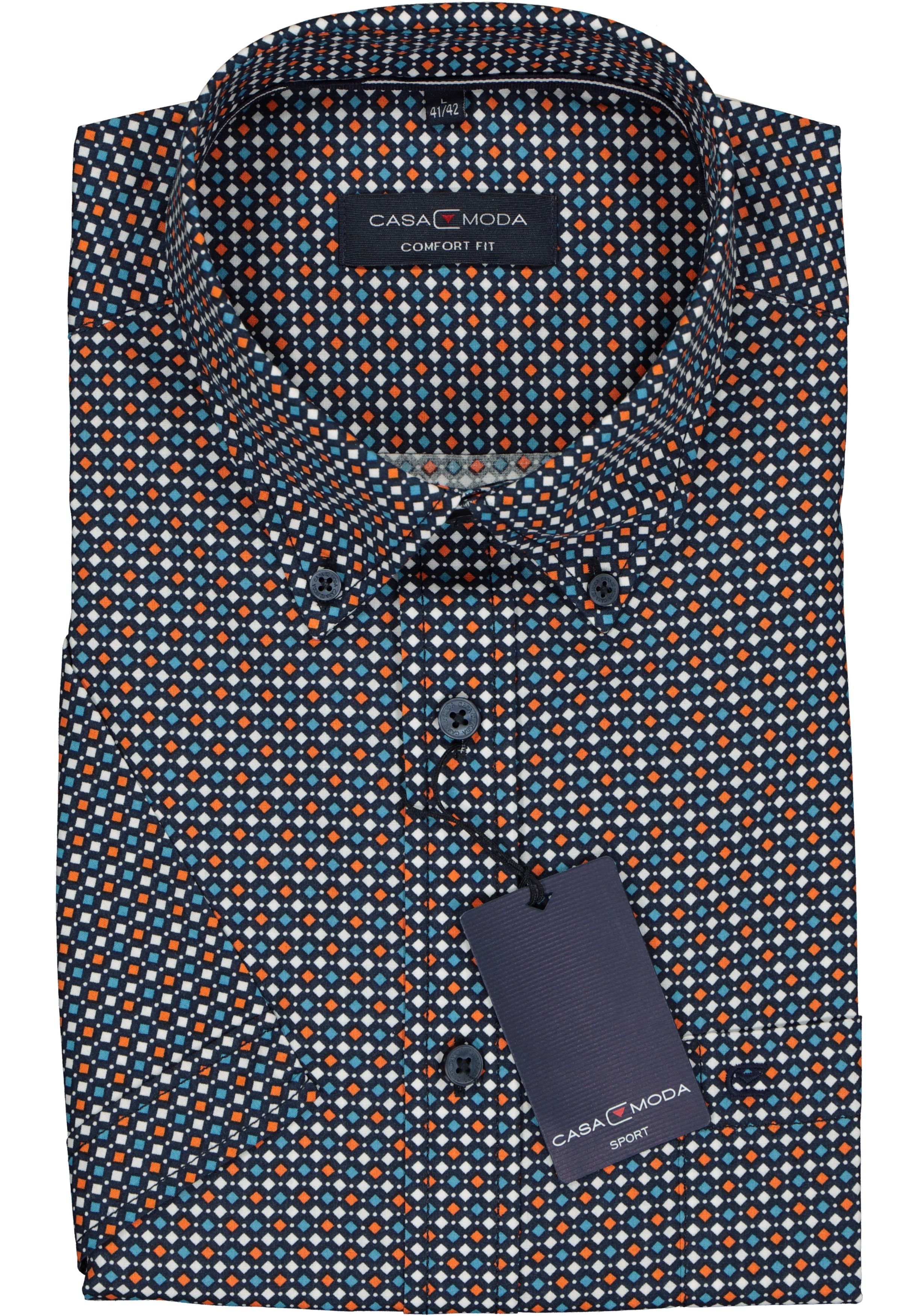 Casa Moda Sport Comfort Fit overhemd, korte mouw, blauw, wit, oranje en petrol dessin