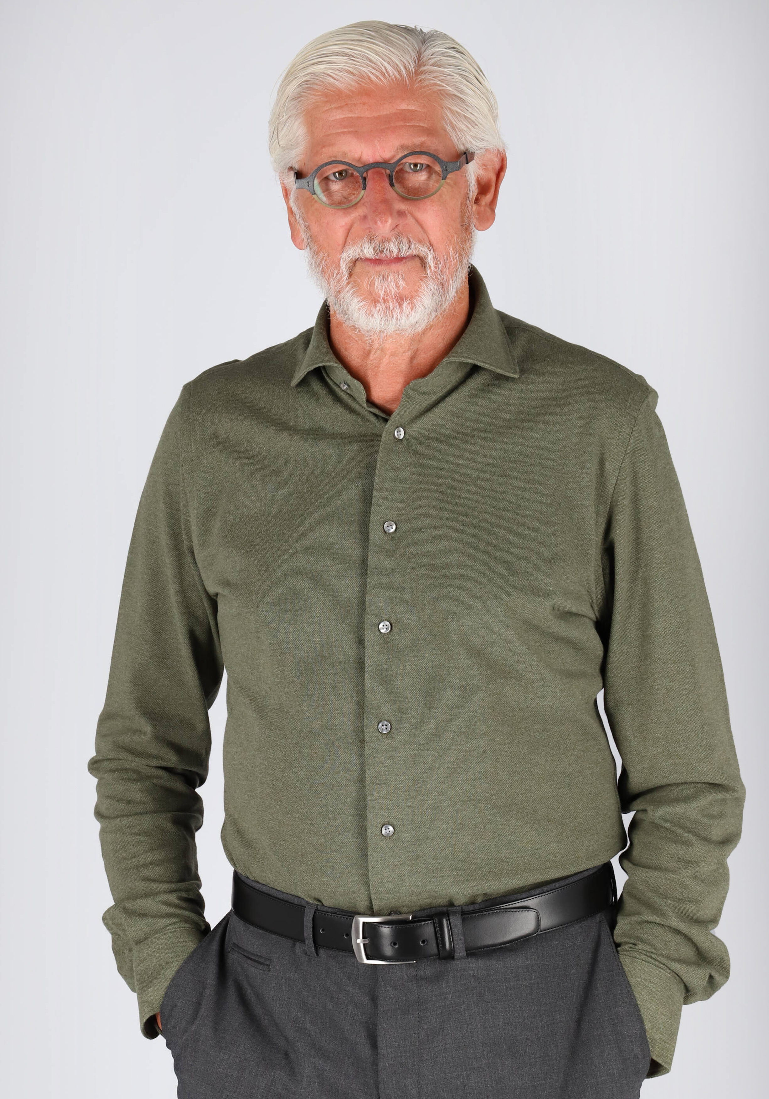 Profuomo slim fit jersey overhemd, knitted shirt pique, army groen melange