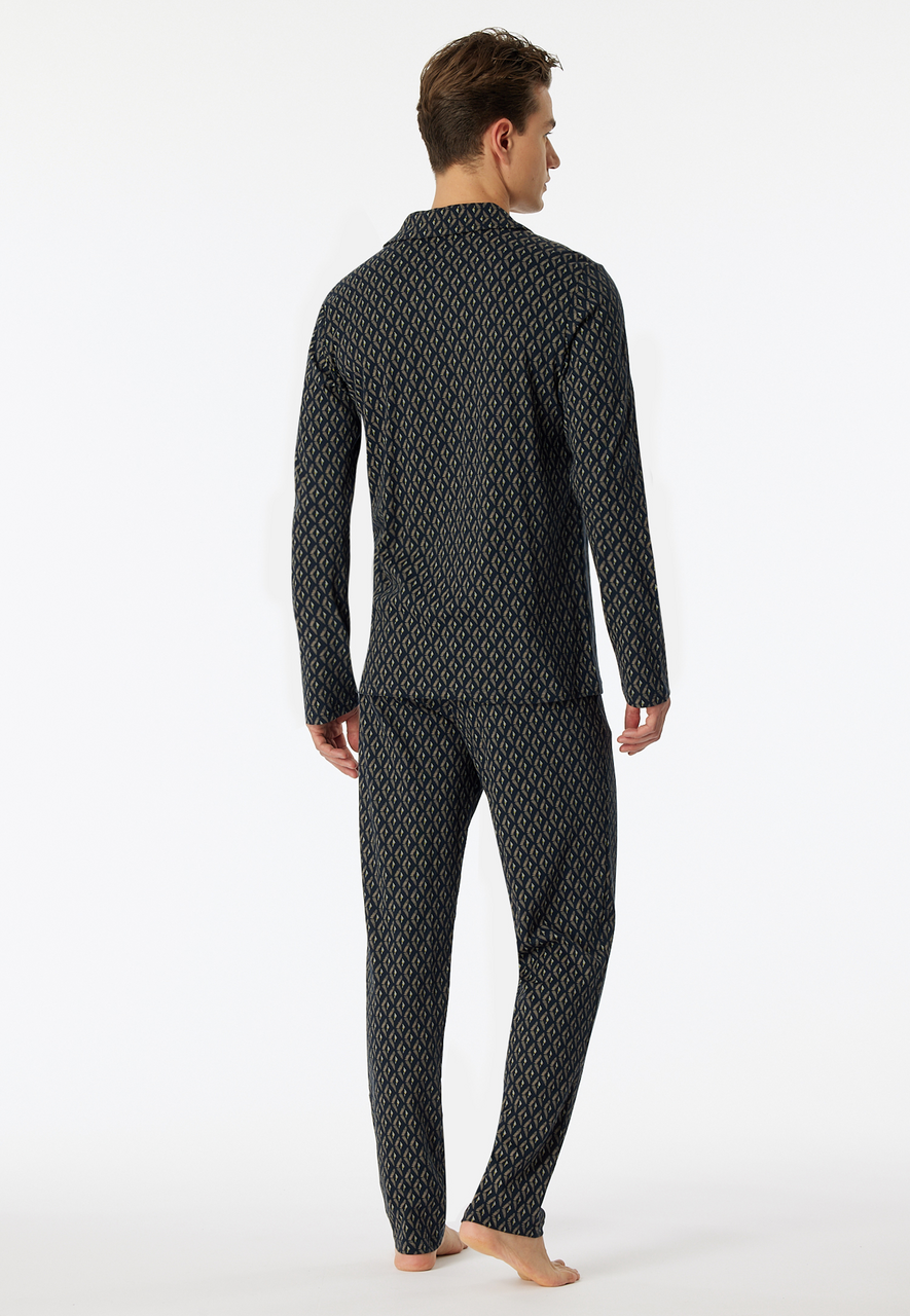 SCHIESSER Fine Interlock pyjamaset, heren pyjama lange interlock knoopsluiting nachtblauw gedessineerd