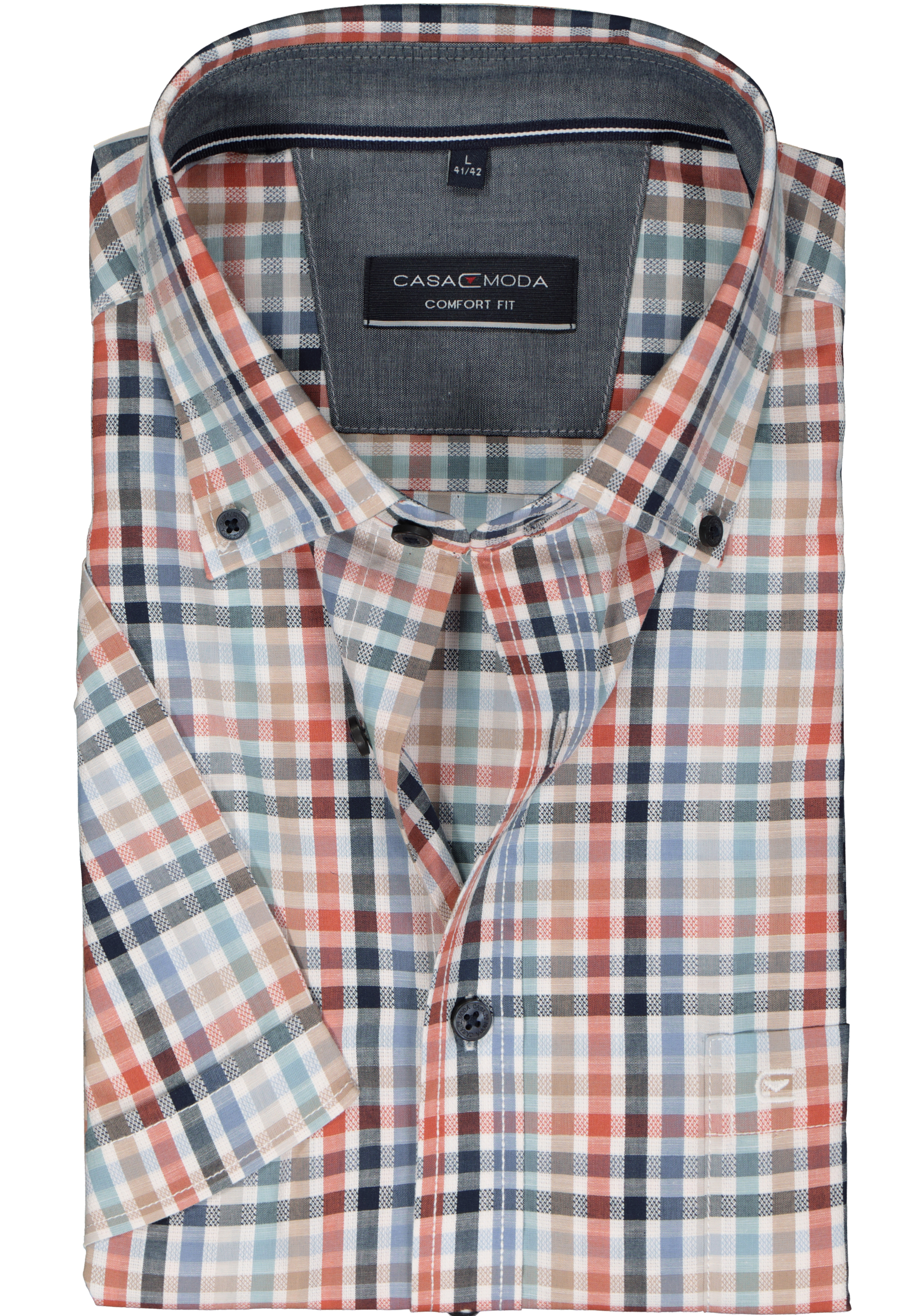 CASA MODA Sport comfort fit overhemd, korte mouw, popeline, wit met blauw en oranje geruit