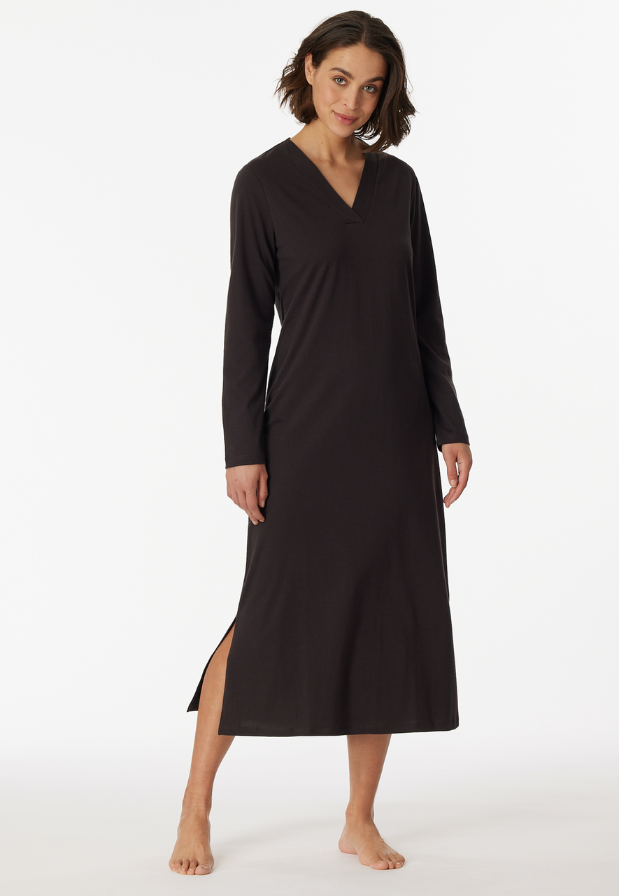 SCHIESSER Comfort Nightwear nachthemd, dames nachthemd lange mouwen biologisch katoen V-hals antraciet