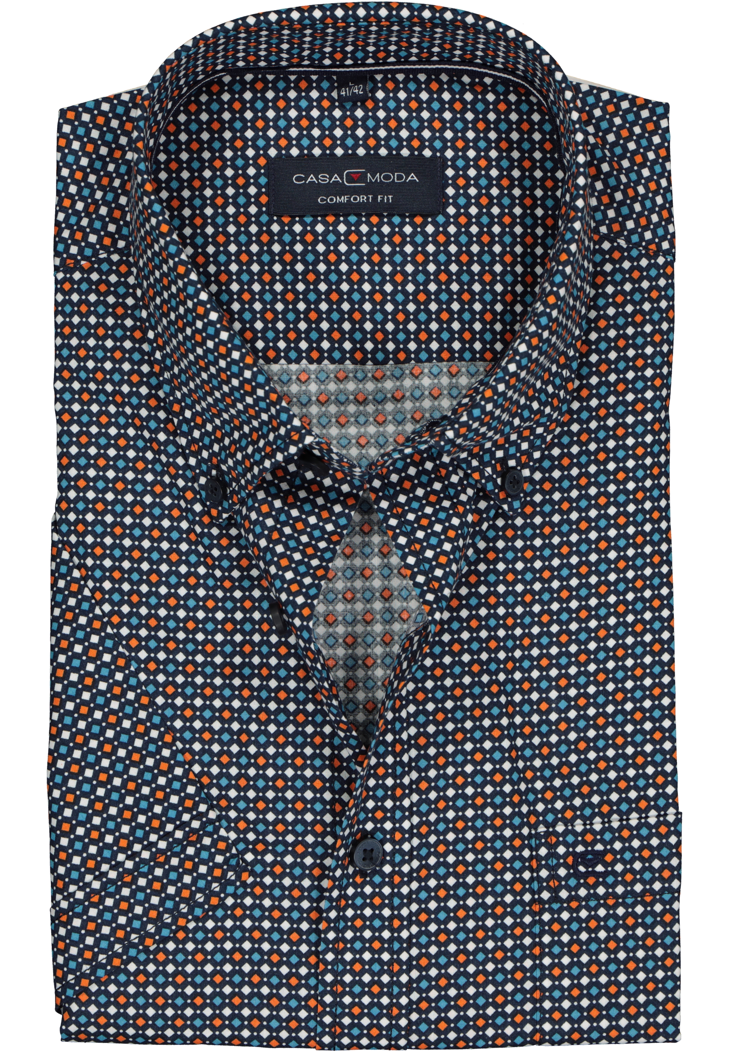 Casa Moda Sport Comfort Fit overhemd, korte mouw, blauw, wit, oranje en petrol dessin
