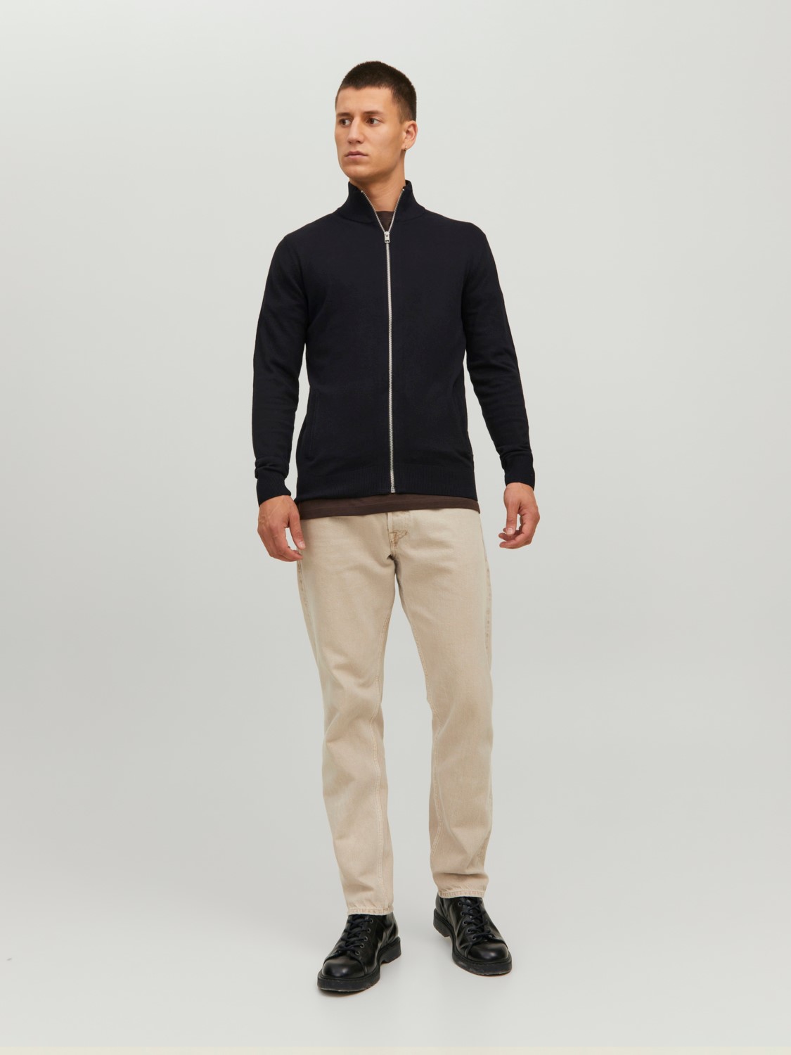 JACK & JONES Emil knit turtle zip cardigan slim fit, heren vest viscosemengsel met turtleneck, zwart