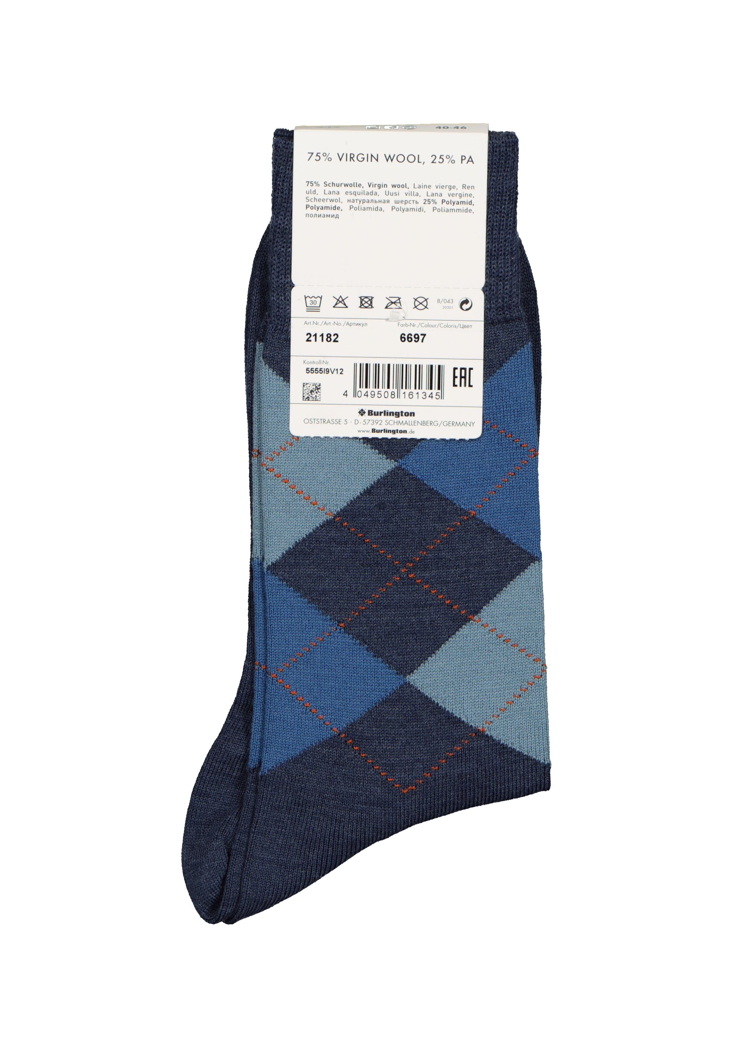 Burlington Edinburgh herensokken, wol, jeansblauw met turquoise