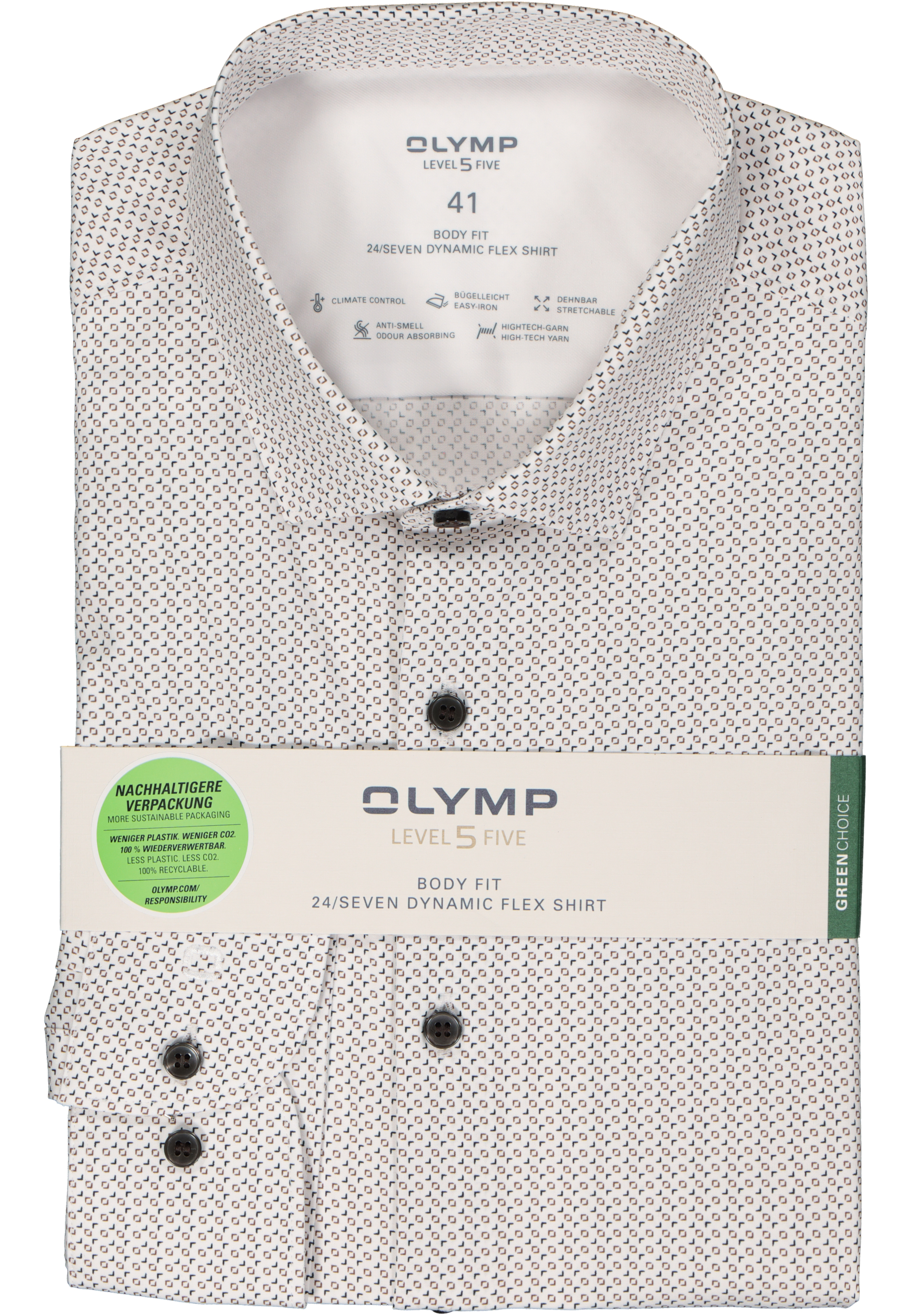 OLYMP 24/7 Level 5 body fit overhemd, popeline, wit met beige en donkerblauw dessin