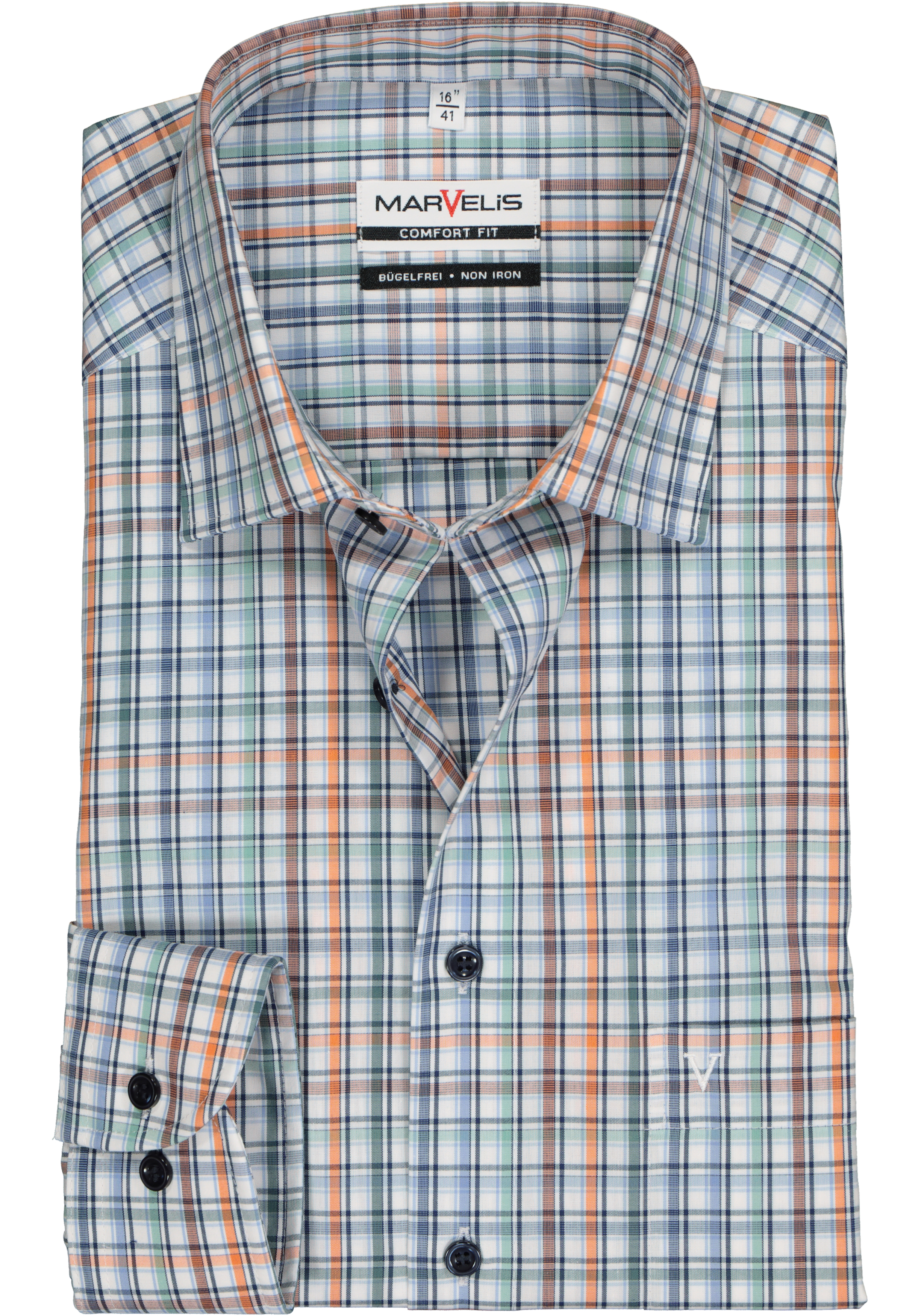MARVELIS comfort fit overhemd, popeline, wit, blauw, groen, oranje en bruin geruit