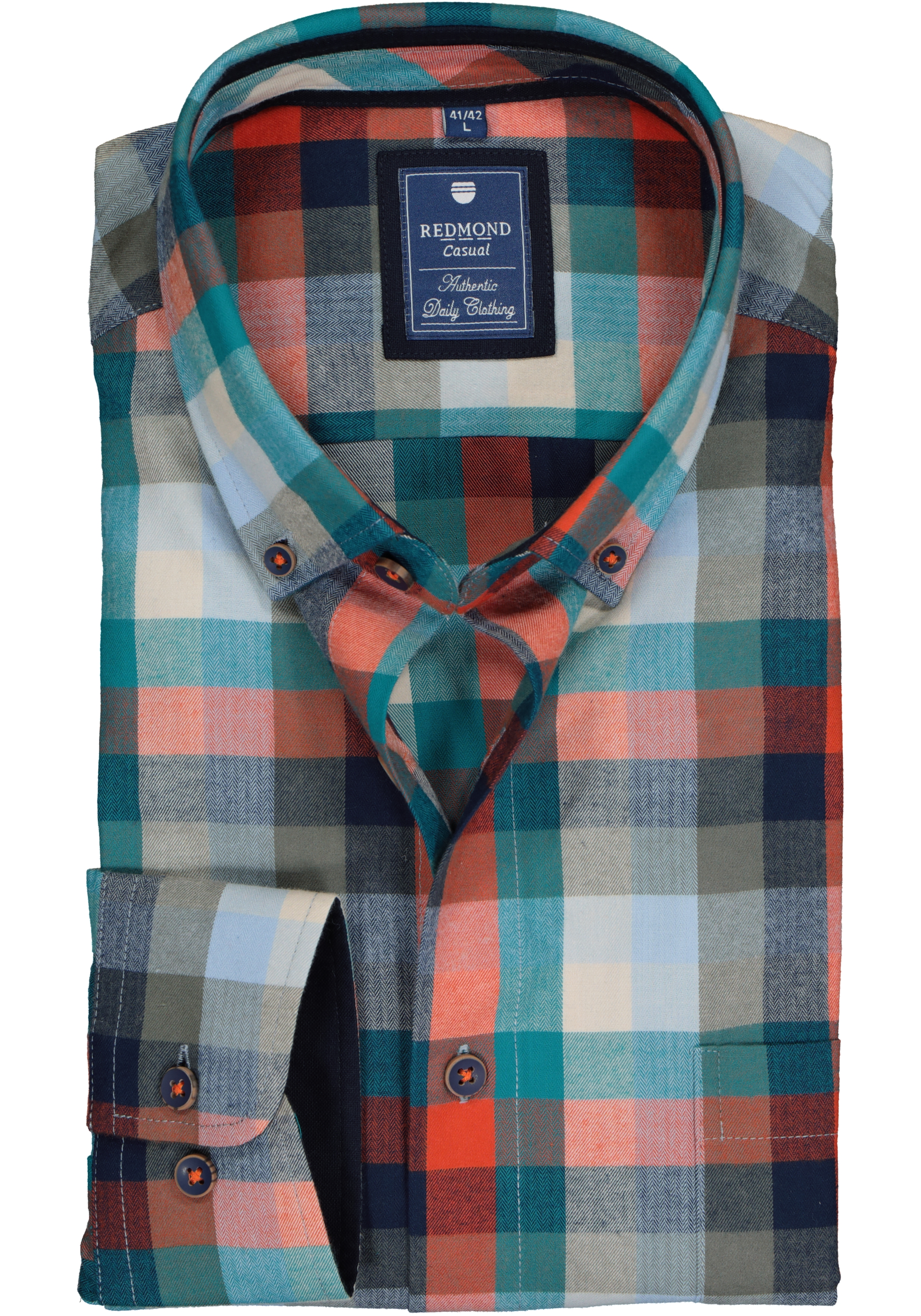 Redmond regular fit overhemd, visgraad, blauw met groen en rood geruit (contrast)