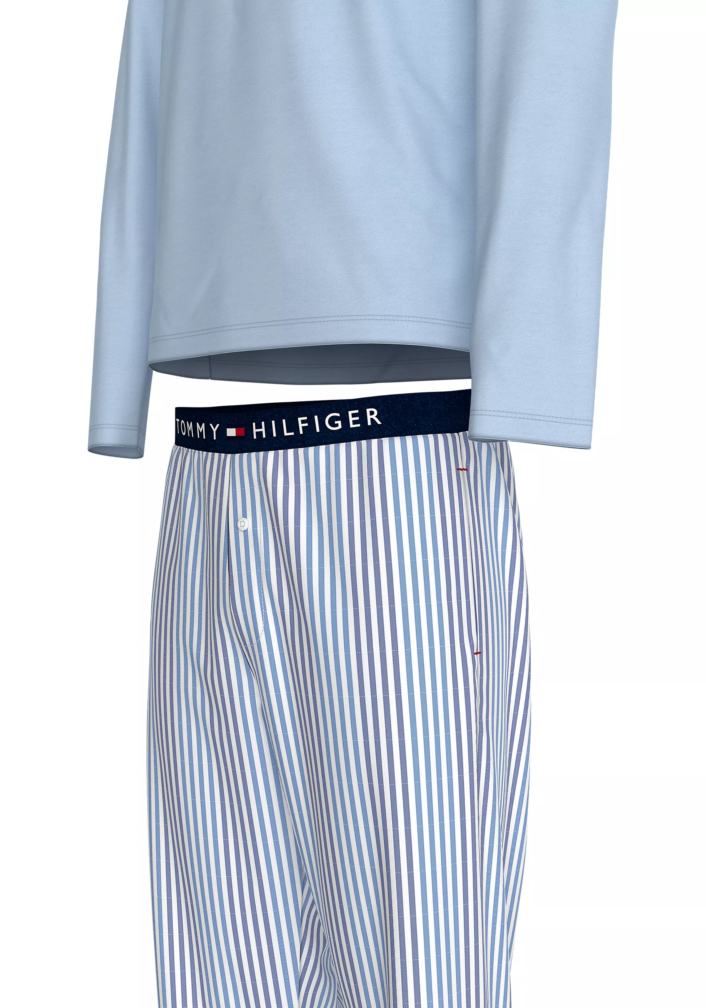 Tommy Hilfiger heren pyjama O-hals, lichtblauw shirt met blauw met wit gestreepte broek