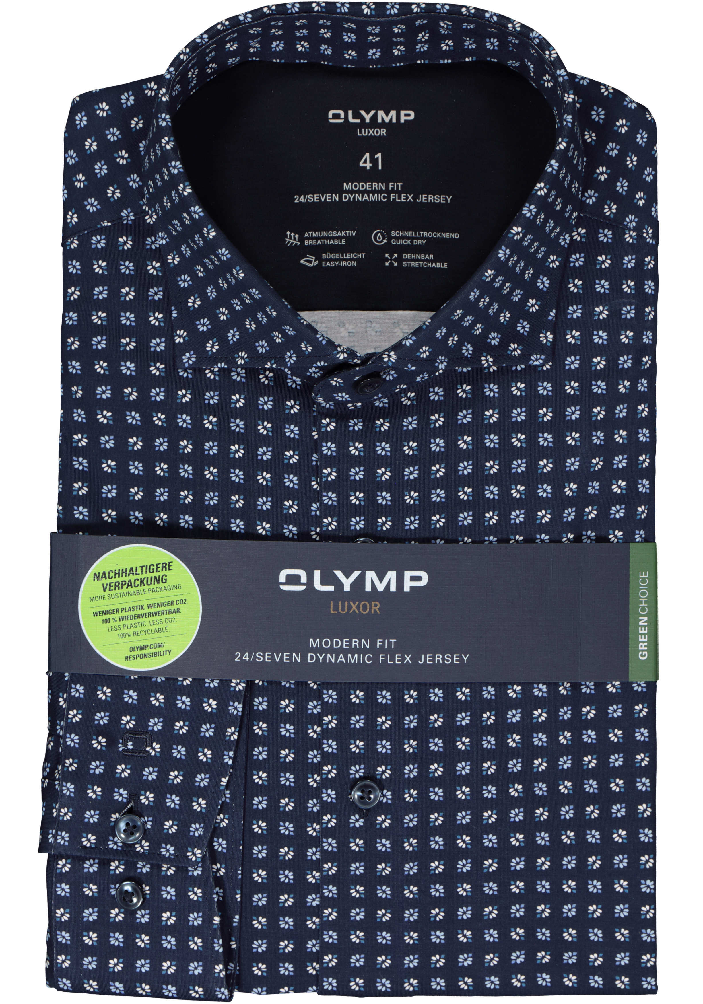 OLYMP 24/7 modern fit overhemd, tricot, blauw met wit dessin