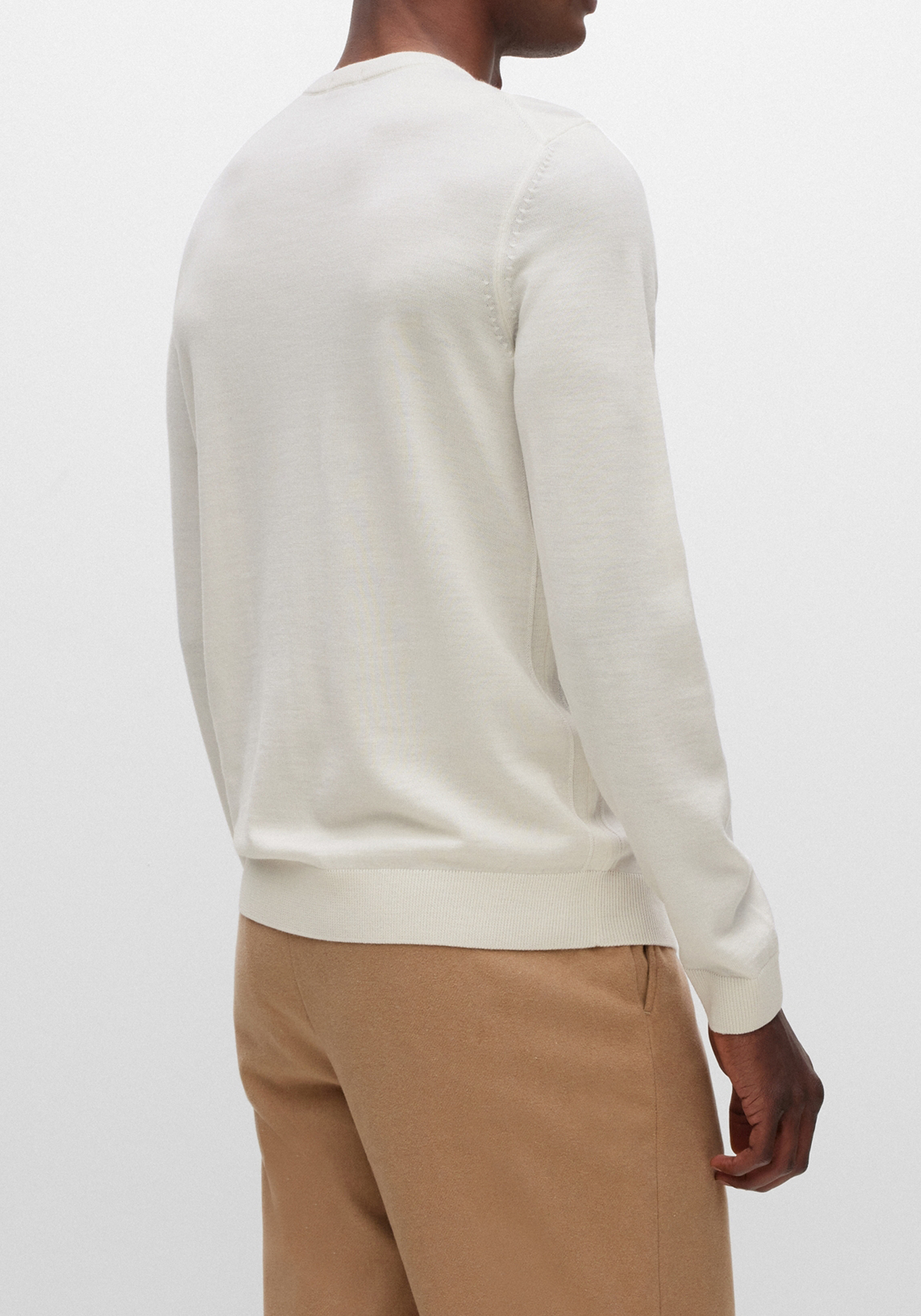 BOSS Leno slim fit trui wol, heren pullover met O-hals, wit