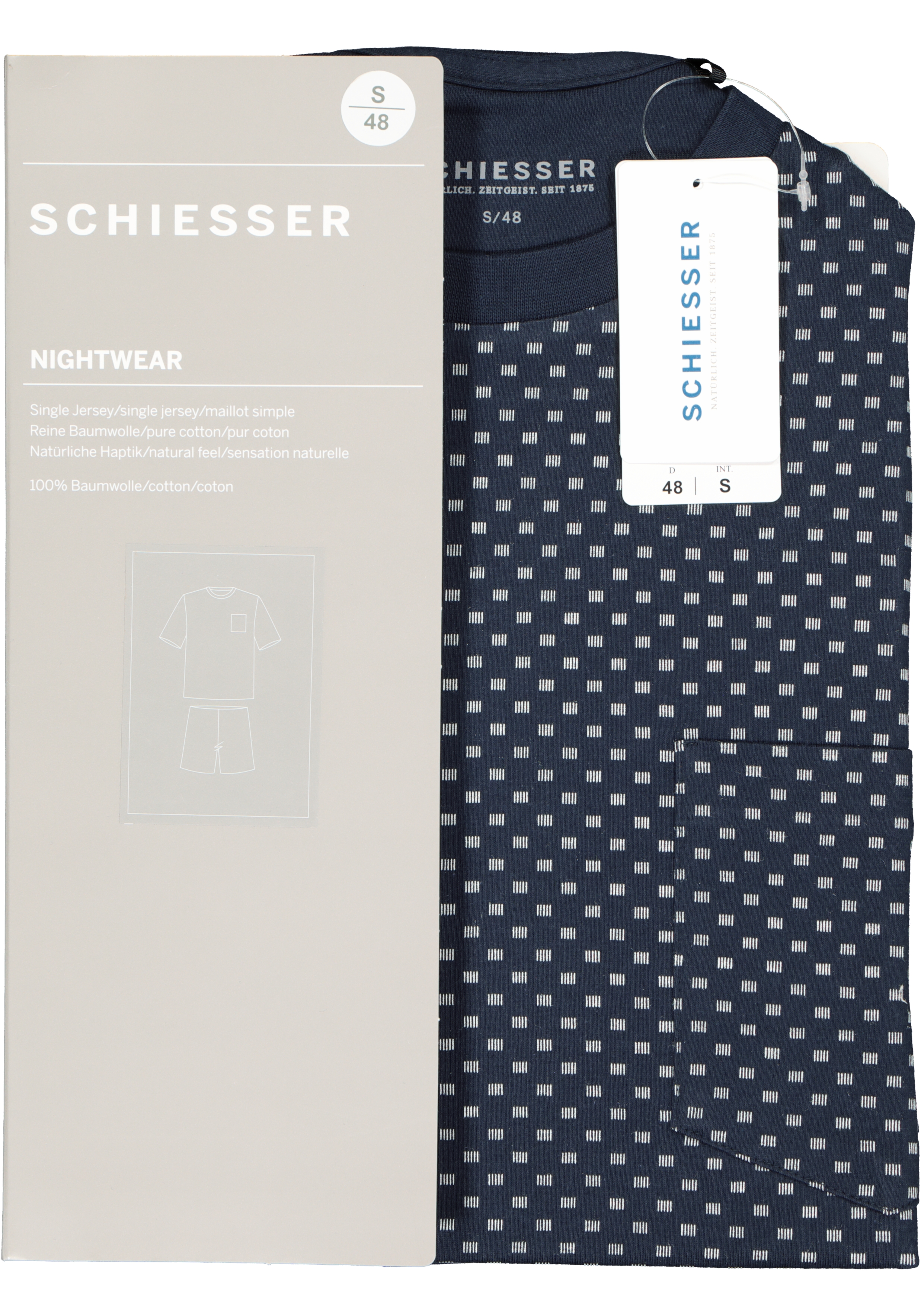 SCHIESSER heren shortama, O-hals, blauw met wit dessin