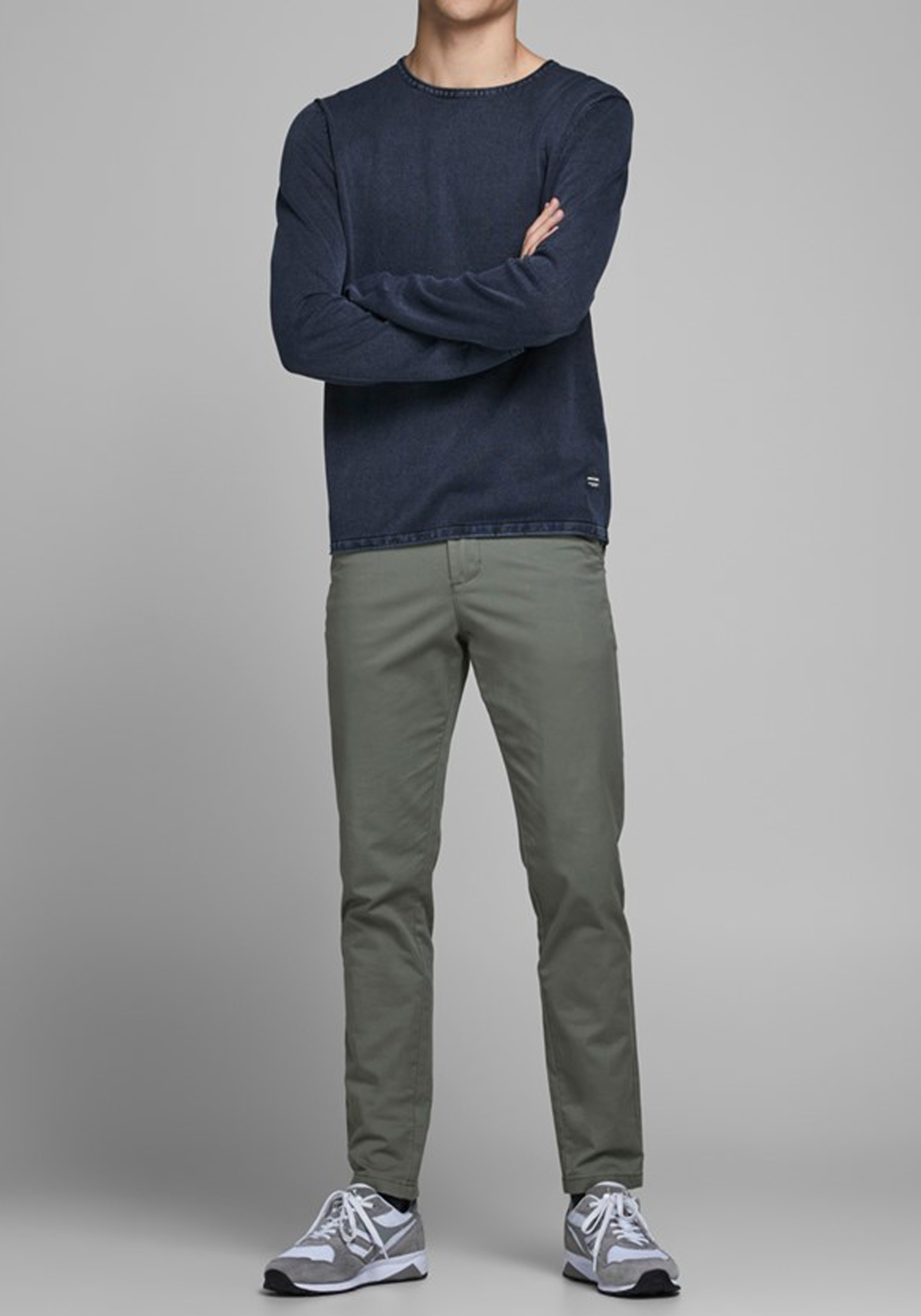 JACK & JONES slim fit trui katoen, O-hals, verwassen donkerblauw