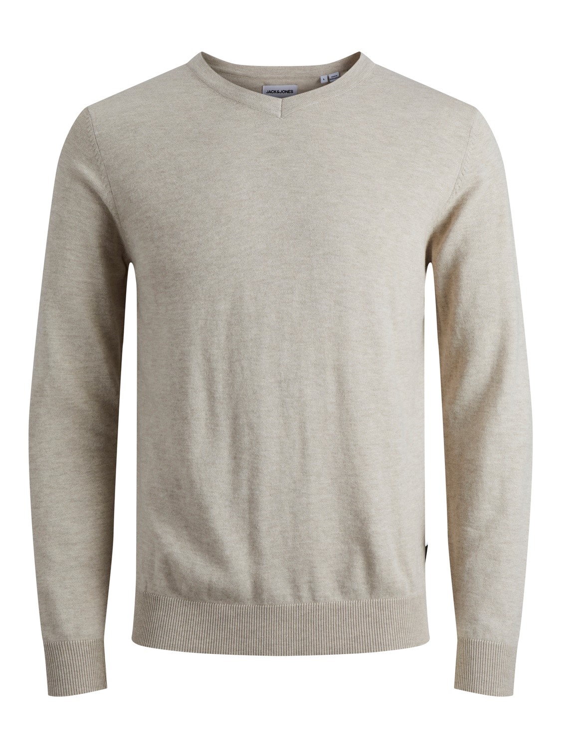 JACK & JONES Emil knit v-neck slim fit, heren pullover viscosemengsel met V-hals, beige melange