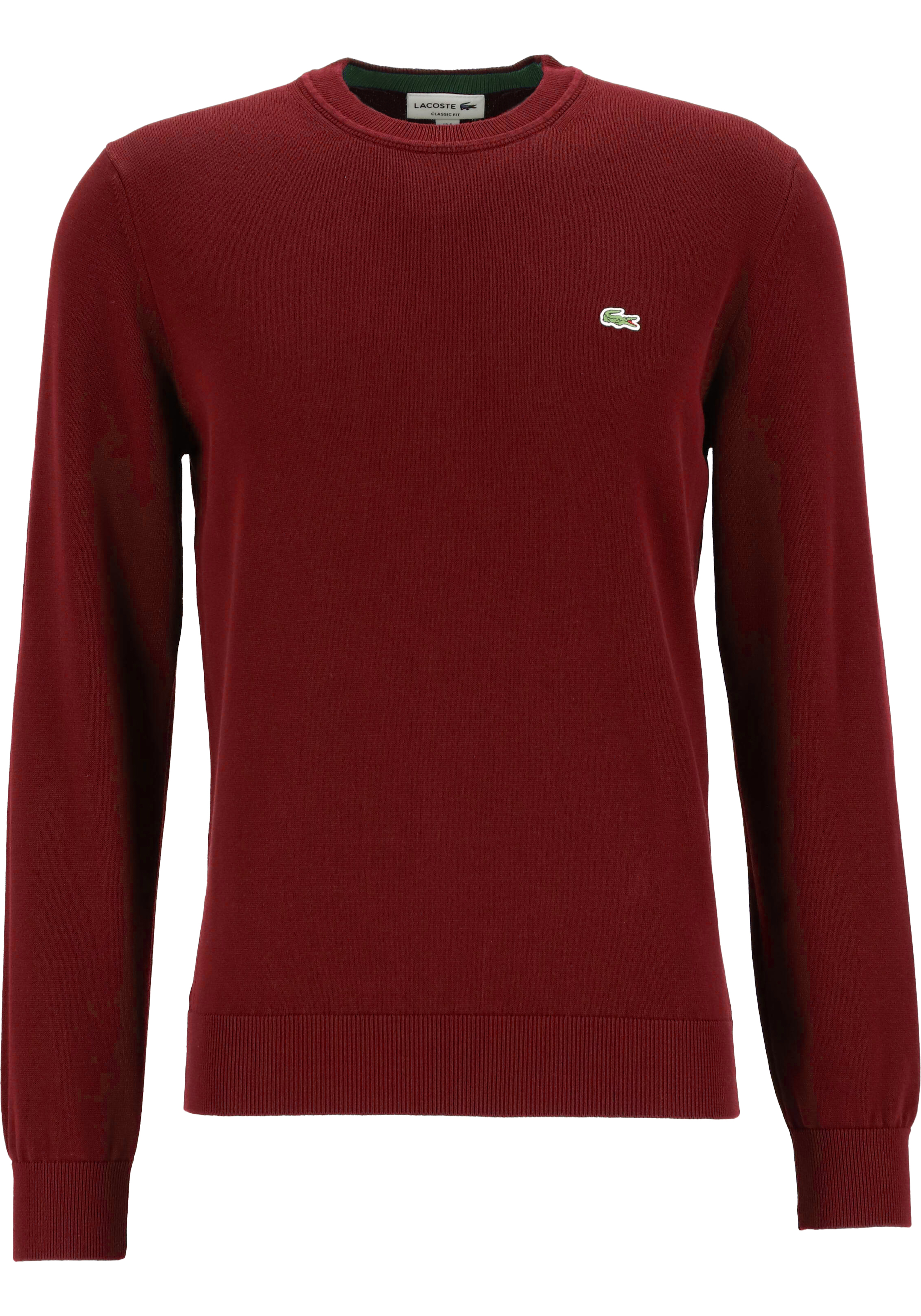 Lacoste trui katoen O-hals, gebreide heren trui, cranberry rood