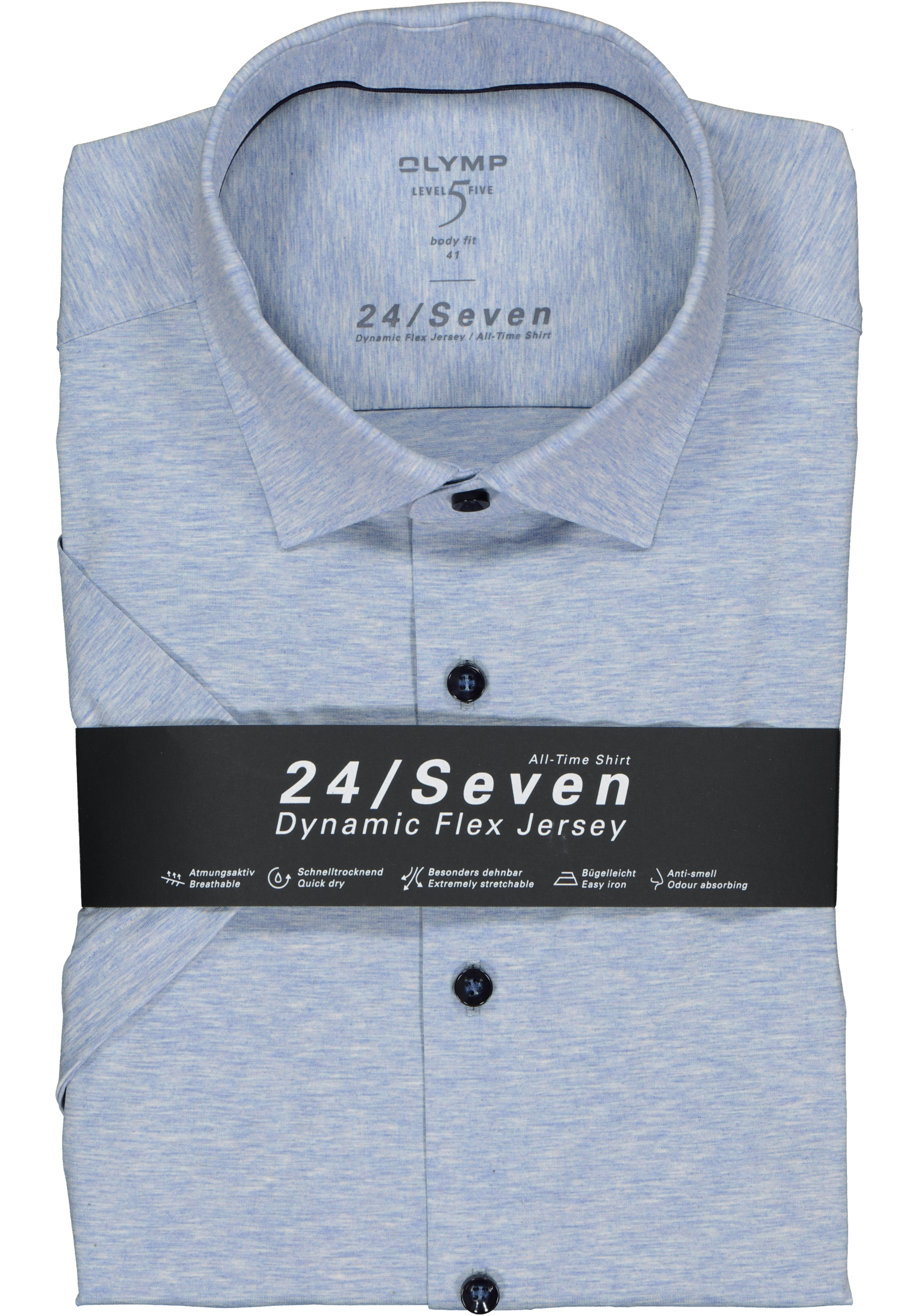 OLYMP Level 5 24/Seven body fit overhemd, korte mouw, lichtblauw tricot