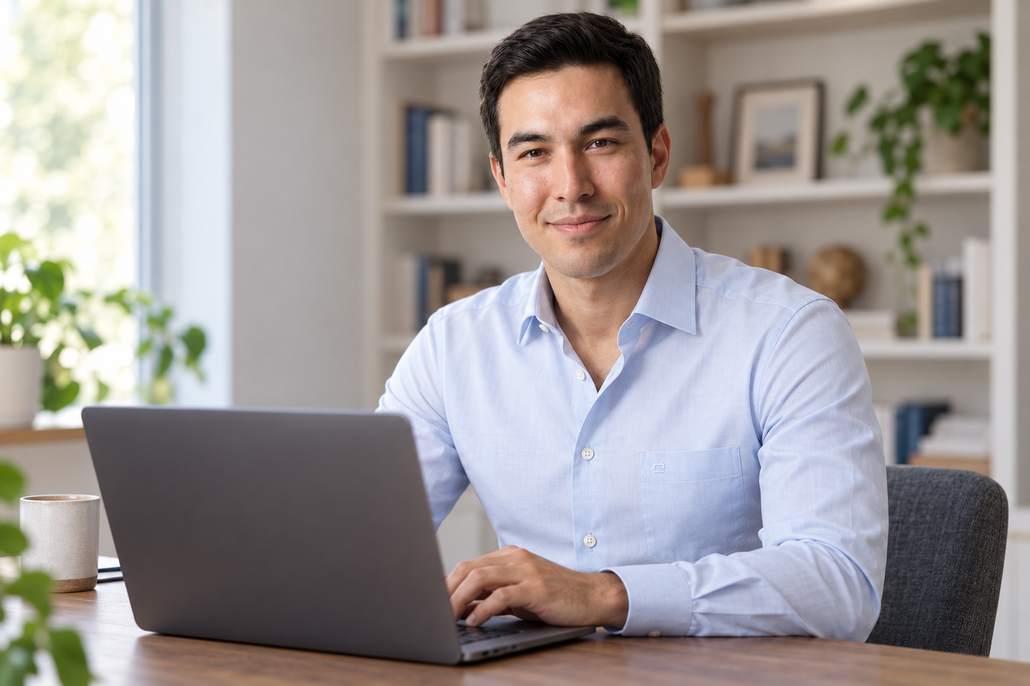 Man in een lichtblauw overhemd aan een bureau met laptop naast een raam.