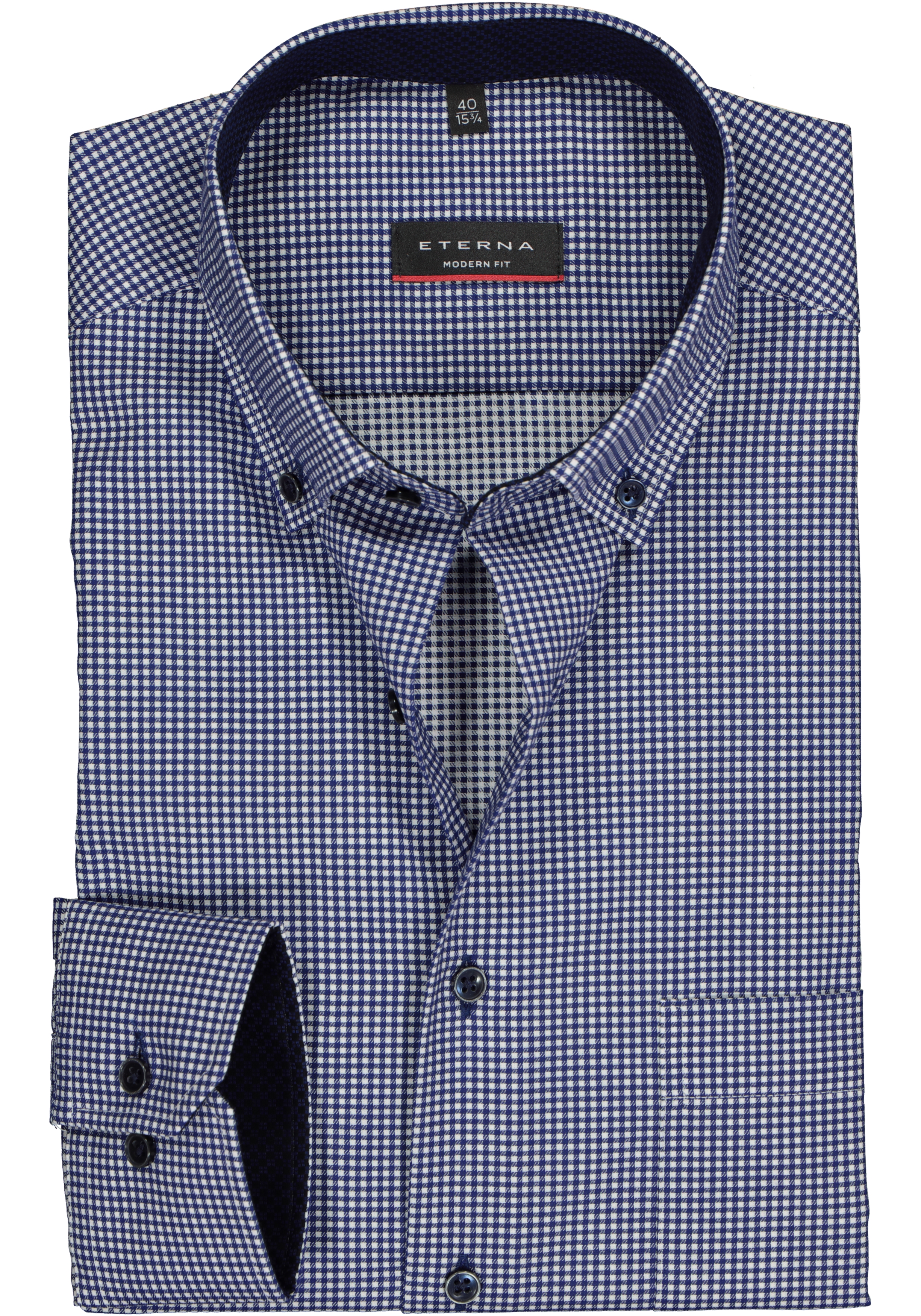 ETERNA modern fit overhemd, twill heren overhemd, donkerblauw met wit geruit (blauw contrast)