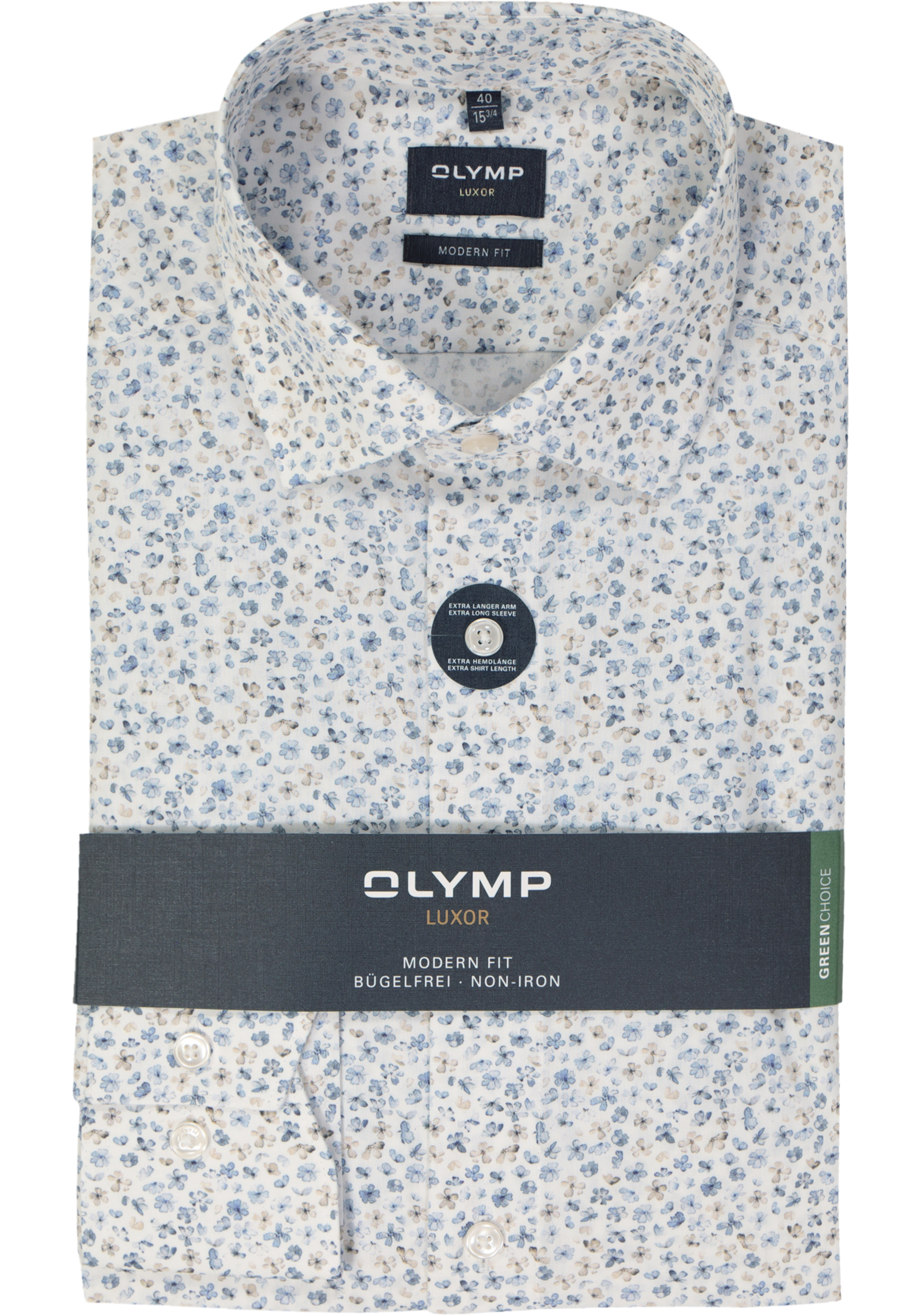 OLYMP modern fit overhemd, mouwlengte 7, popeline, wit met lichtblauw bloemetjes dessin