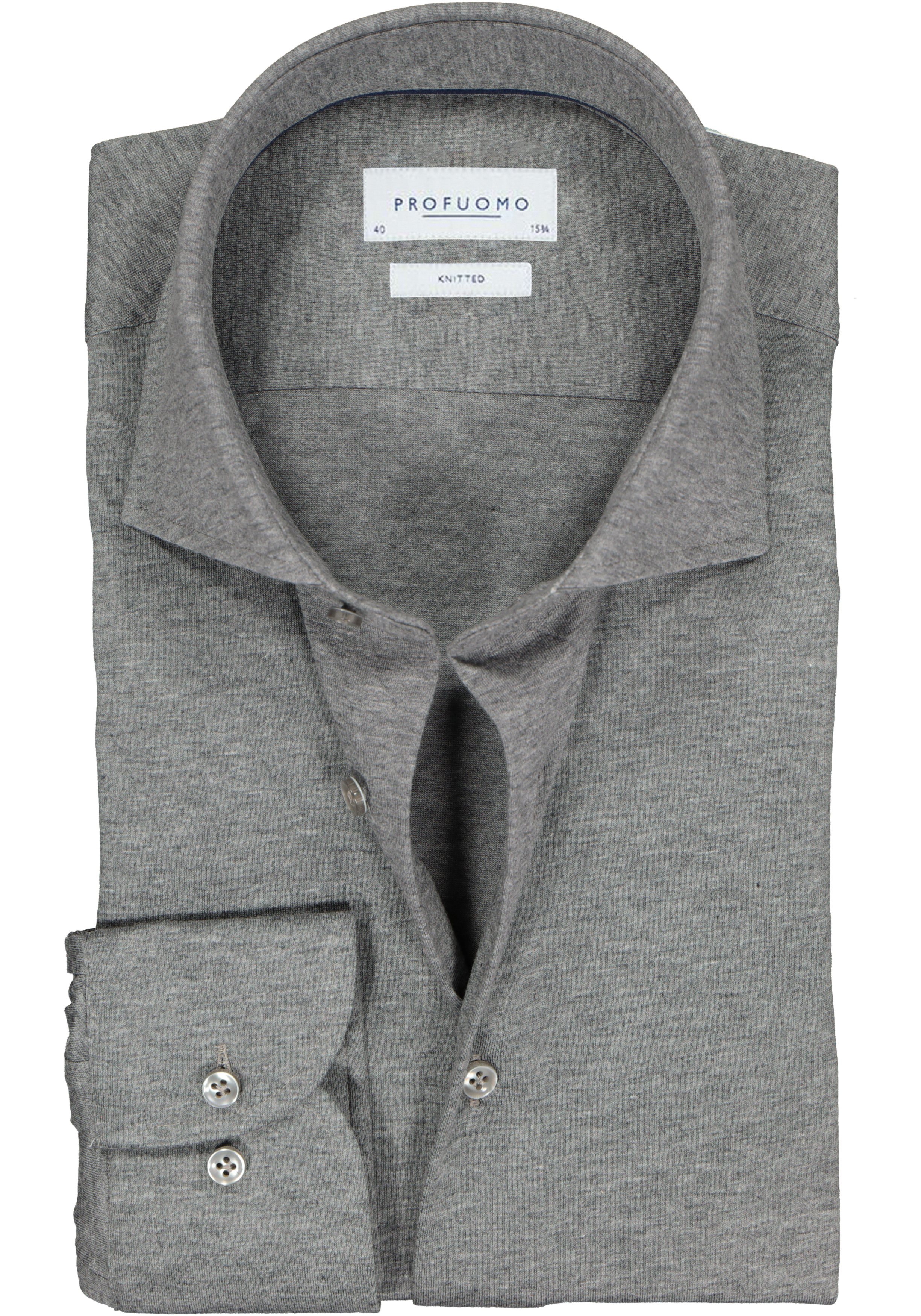 Profuomo slim fit jersey overhemd, knitted shirt, antraciet grijs melange