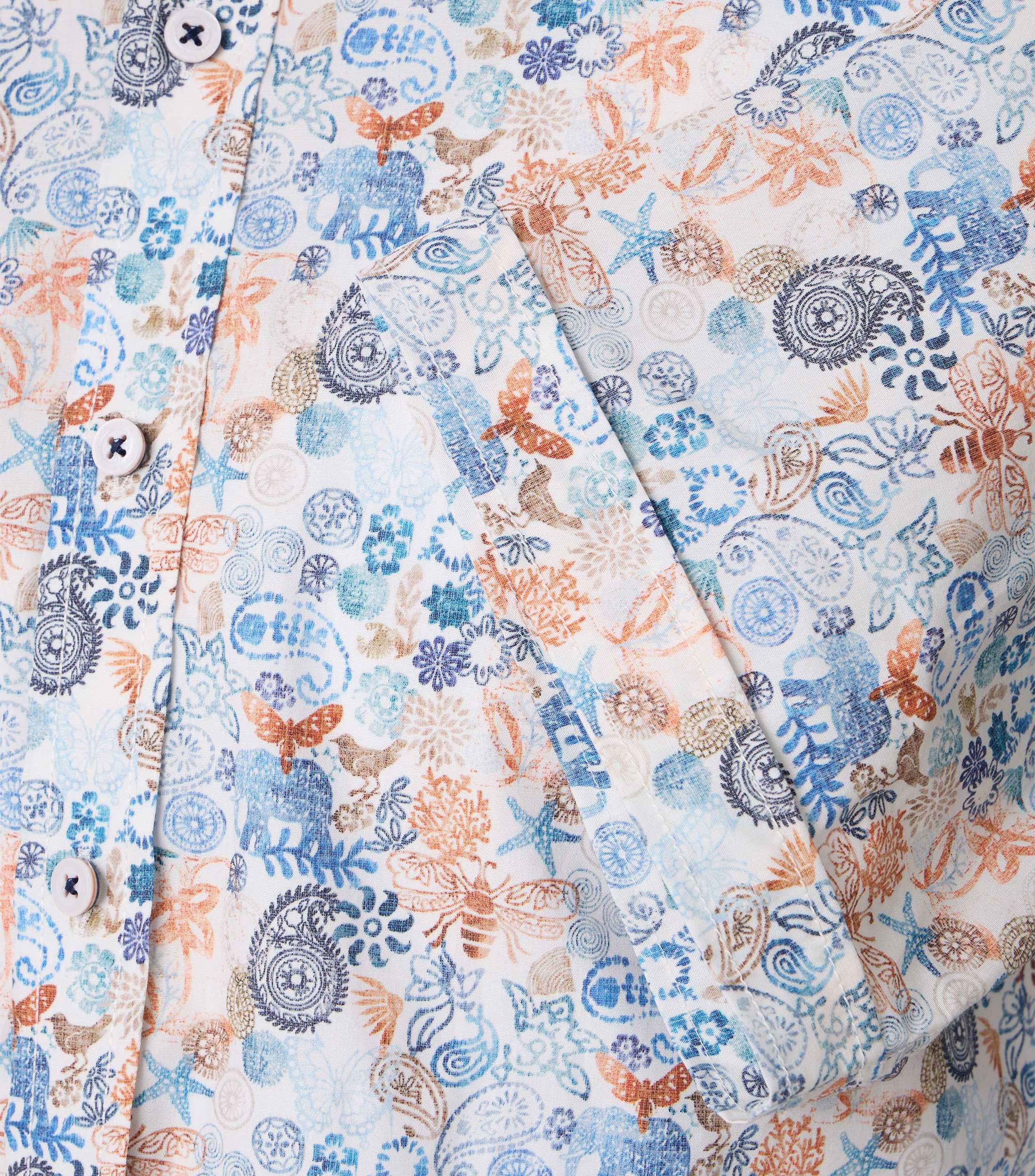 CASA MODA Sport comfort fit overhemd, korte mouw, popeline, wit met blauw en oranje dessin