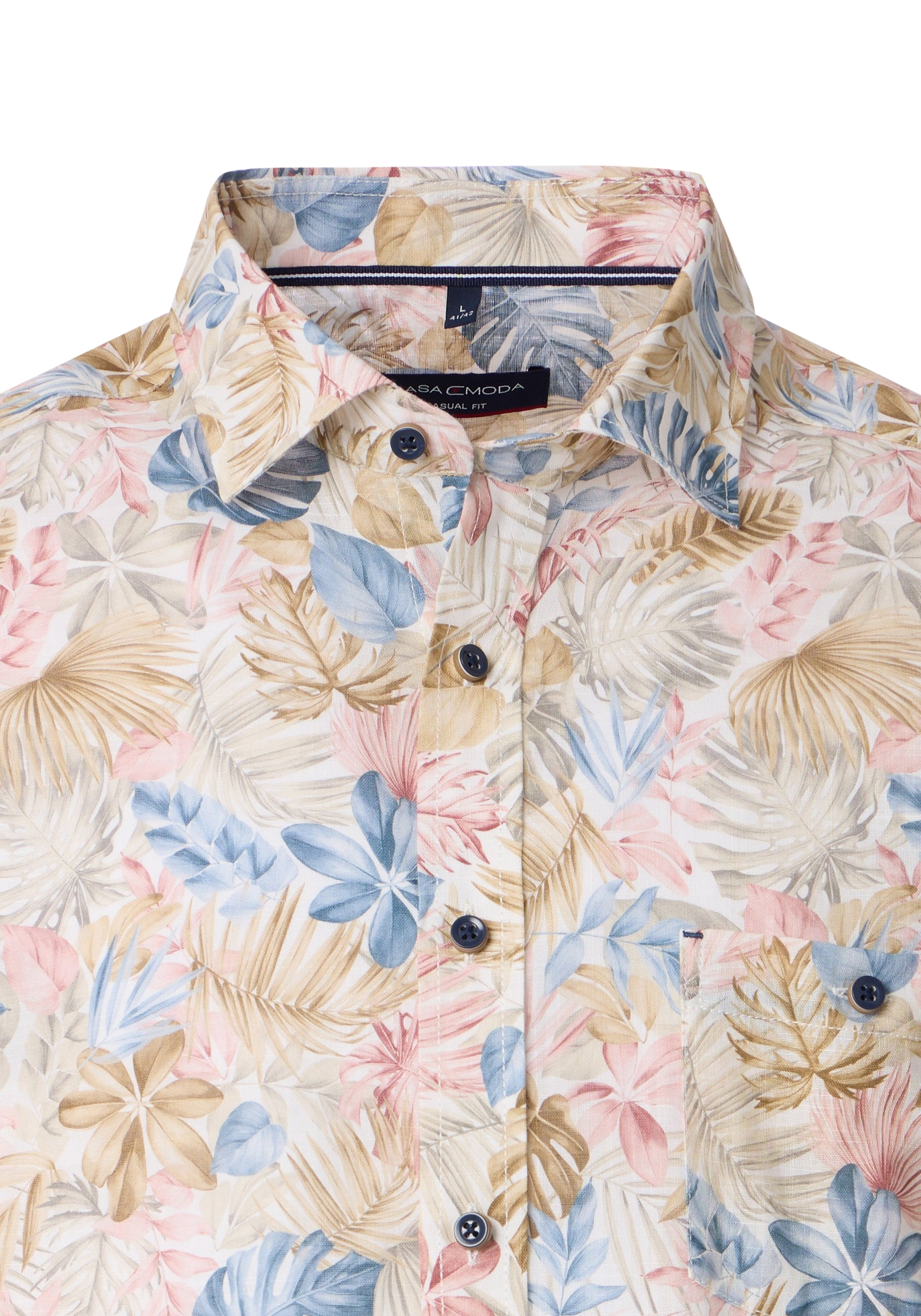 CASA MODA Sport casual fit overhemd, popeline, wit met beige, lichtblauw en roze dessin