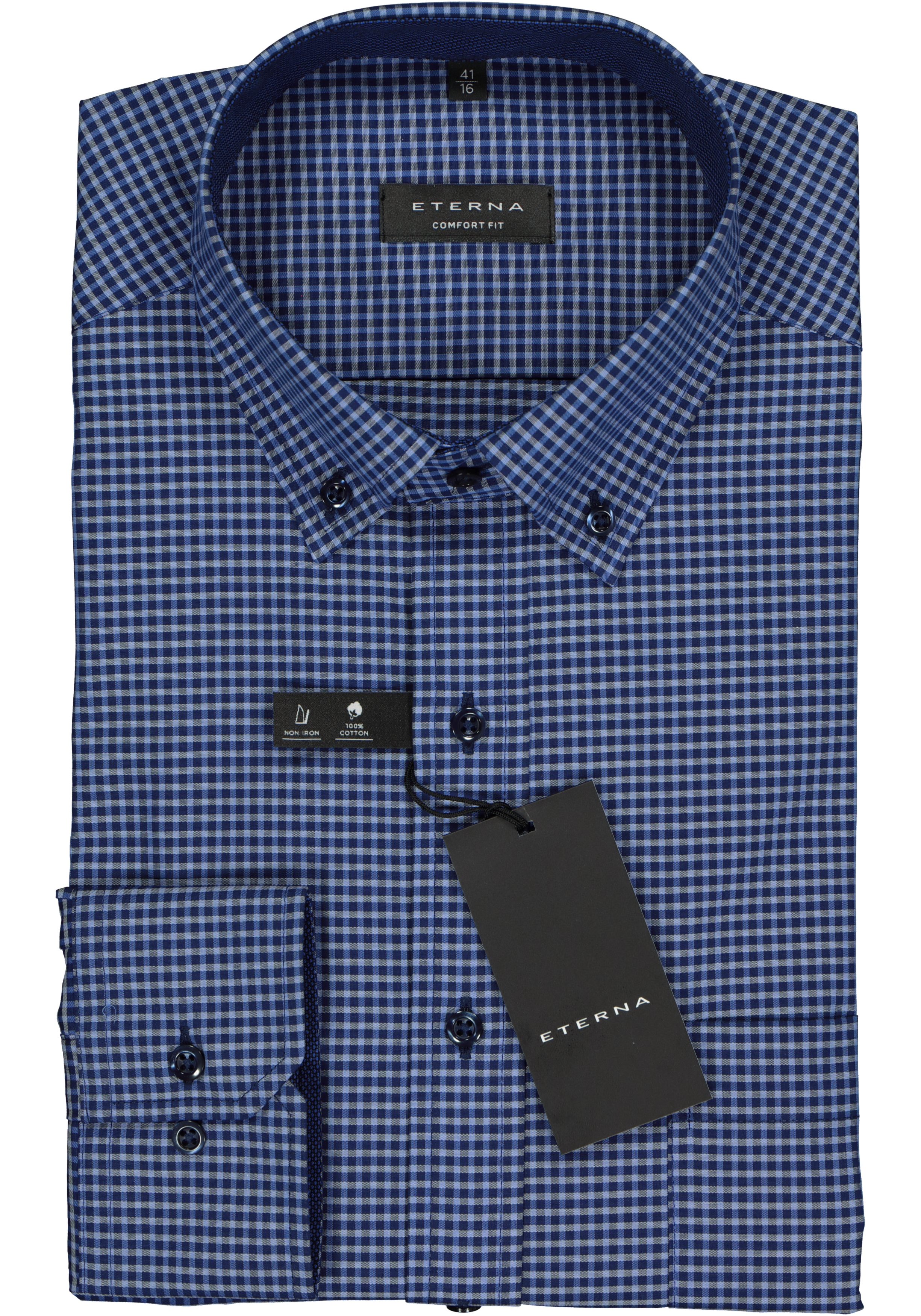 ETERNA comfort fit overhemd, poplin heren overhemd, blauw geruit (contrast)