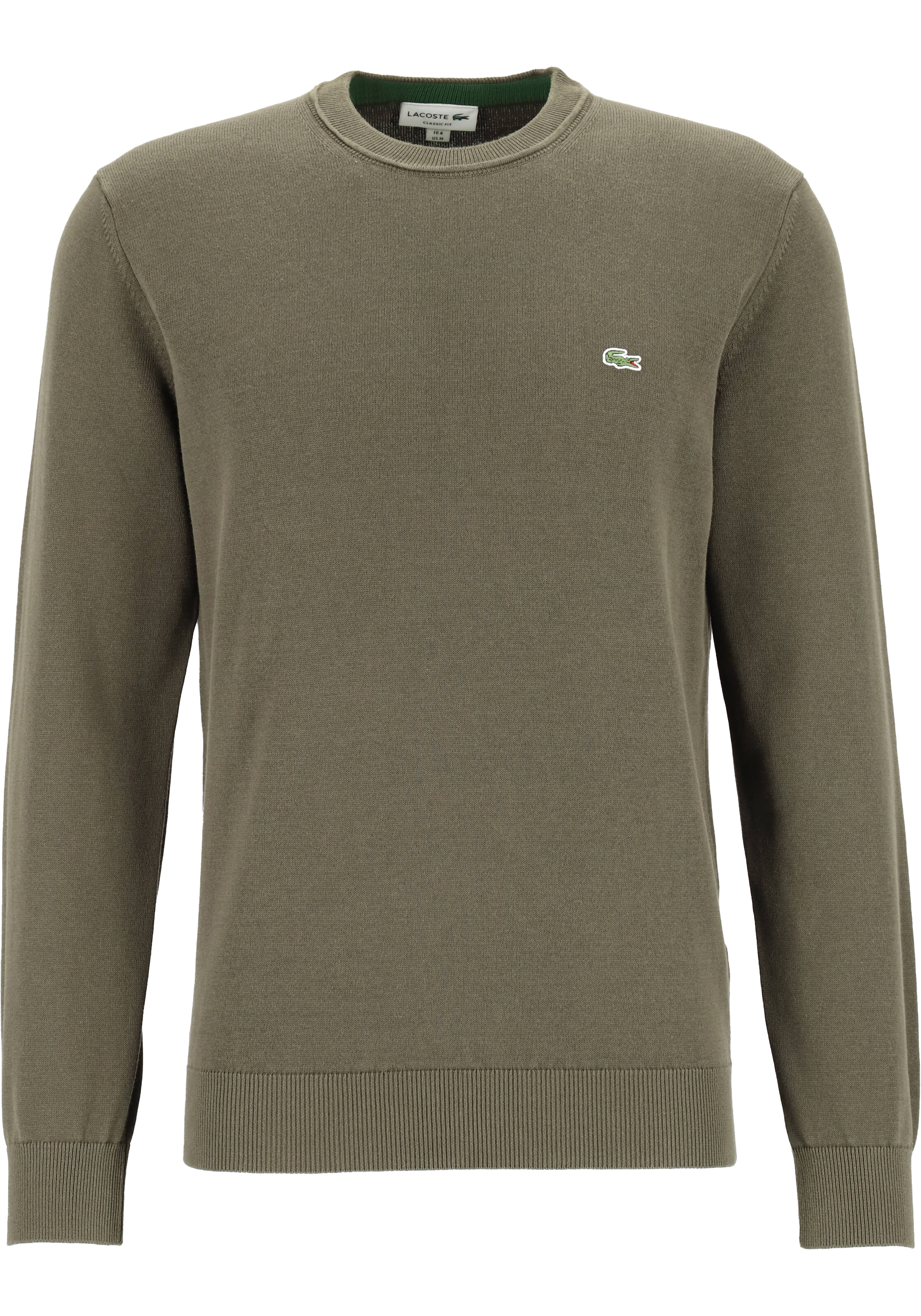 Lacoste trui katoen O-hals, gebreide heren trui, olijfgroen
