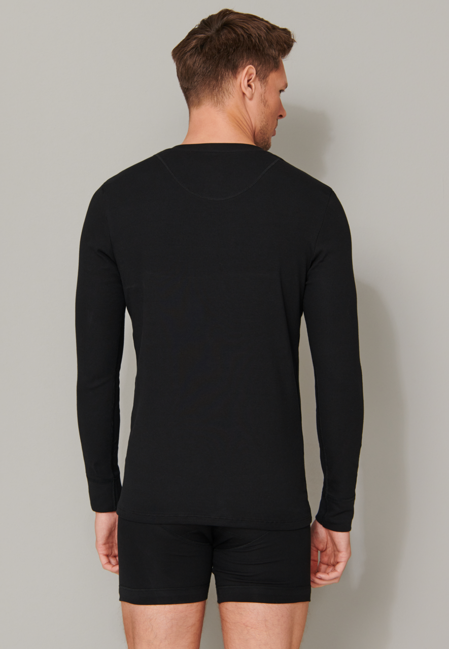 SCHIESSER Retro Rib T-shirt (1-pack), heren shirt lange mouwen dubbelrib biologisch katoen knoopsluiting zwart