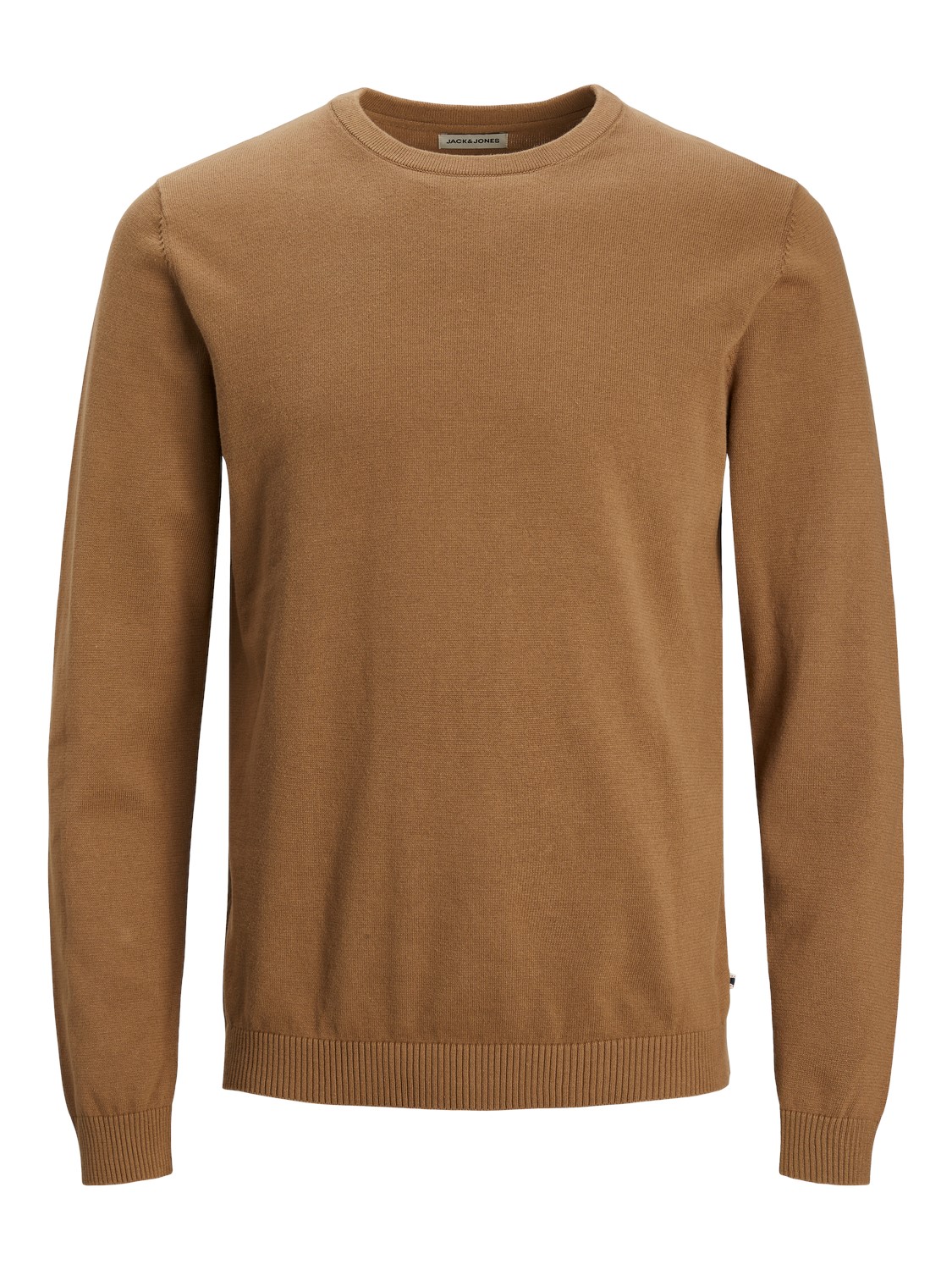 JACK & JONES Basic knit crew neck slim fit, heren pullover katoen met O-hals, camel bruin