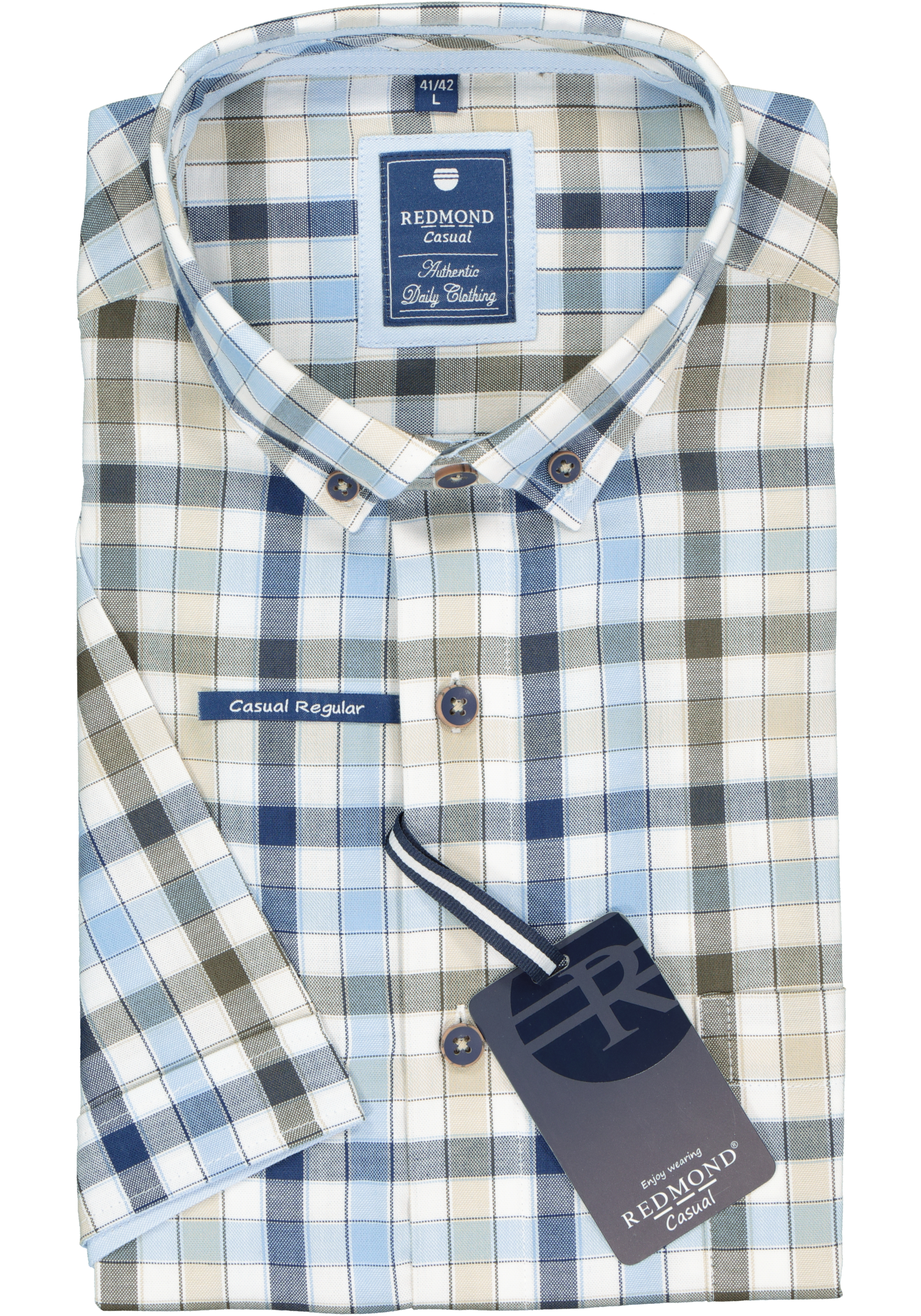 Redmond regular fit overhemd, korte mouw, Oxford, blauw, wit en kaki geruit